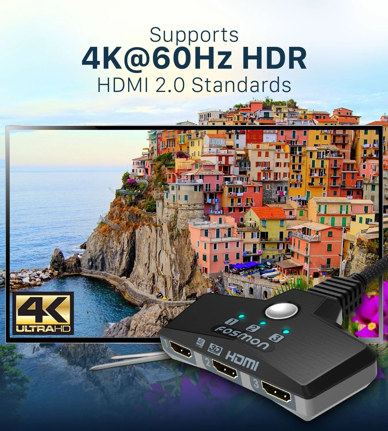 Fosmon 4K HDMI Switch 3 in 1 Out 4K@60Hz, 3-Port HDMI 2.0 Splitter Hub Switcher Auto Switching UHD 3D HDR HD 1080P HDCP, for HDTV PS5/4 Xbox Fire TV 3-Port / 4K@60Hz - Image 3