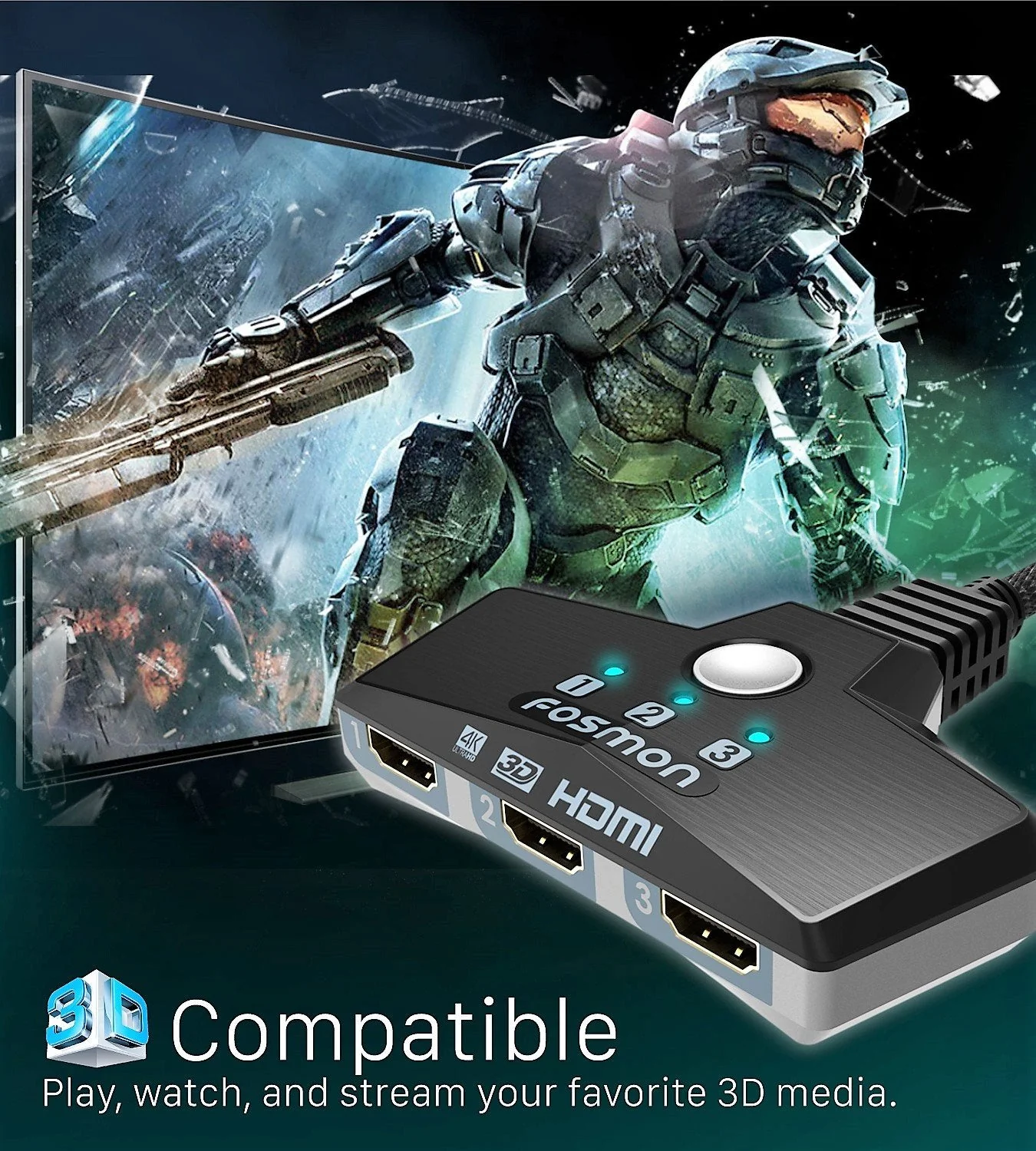 Fosmon 4K HDMI Switch 3 in 1 Out 4K@60Hz, 3-Port HDMI 2.0 Splitter Hub Switcher Auto Switching UHD 3D HDR HD 1080P HDCP, for HDTV PS5/4 Xbox Fire TV 3-Port / 4K@60Hz - Image 4