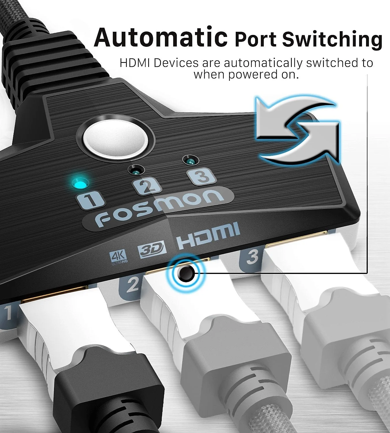 Fosmon 4K HDMI Switch 3 in 1 Out 4K@60Hz, 3-Port HDMI 2.0 Splitter Hub Switcher Auto Switching UHD 3D HDR HD 1080P HDCP, for HDTV PS5/4 Xbox Fire TV 3-Port / 4K@60Hz - Image 8
