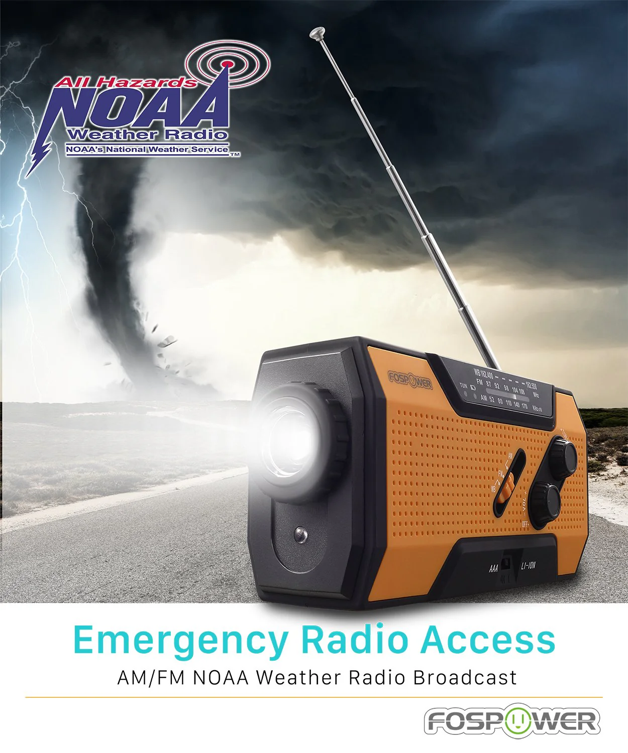 FosPower 2000mAh NOAA Emergency Weather Radio (Model A1) Portable Power Bank with Solar Charging, Hand Crank & Battery Operated, SOS Alarm, AM/FM & LED Flashlight for Outdoor Emergency - Image 3