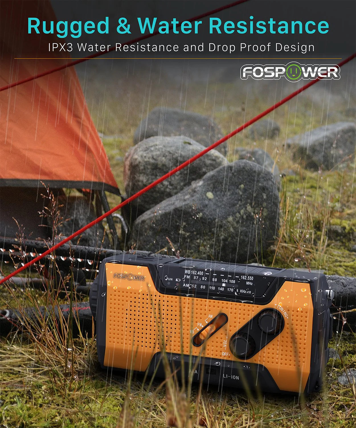 FosPower 2000mAh NOAA Emergency Weather Radio (Model A1) Portable Power Bank with Solar Charging, Hand Crank & Battery Operated, SOS Alarm, AM/FM & LED Flashlight for Outdoor Emergency - Image 6