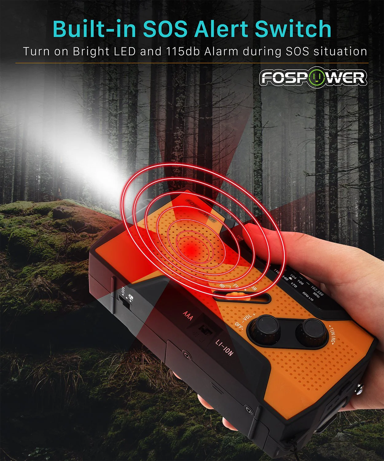 FosPower 2000mAh NOAA Emergency Weather Radio (Model A1) Portable Power Bank with Solar Charging, Hand Crank & Battery Operated, SOS Alarm, AM/FM & LED Flashlight for Outdoor Emergency - Image 7