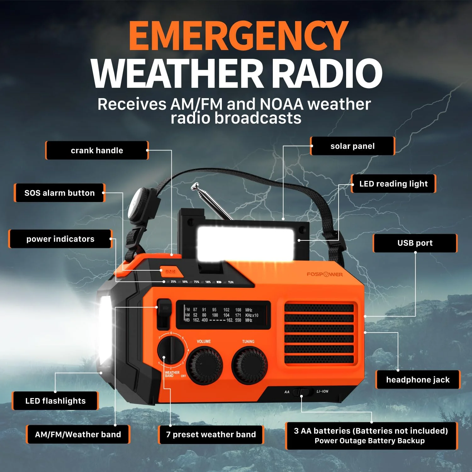 FosPower Emergency Weather Radio (Model A6) NOAA/AM/FM with 19240mWh Portable Power Bank, USB/Solar/Hand Crank Charging, Battery Operated, SOS Alarm & Flashlight for Indoor/Outdoor Emergency - Orange - Image 2