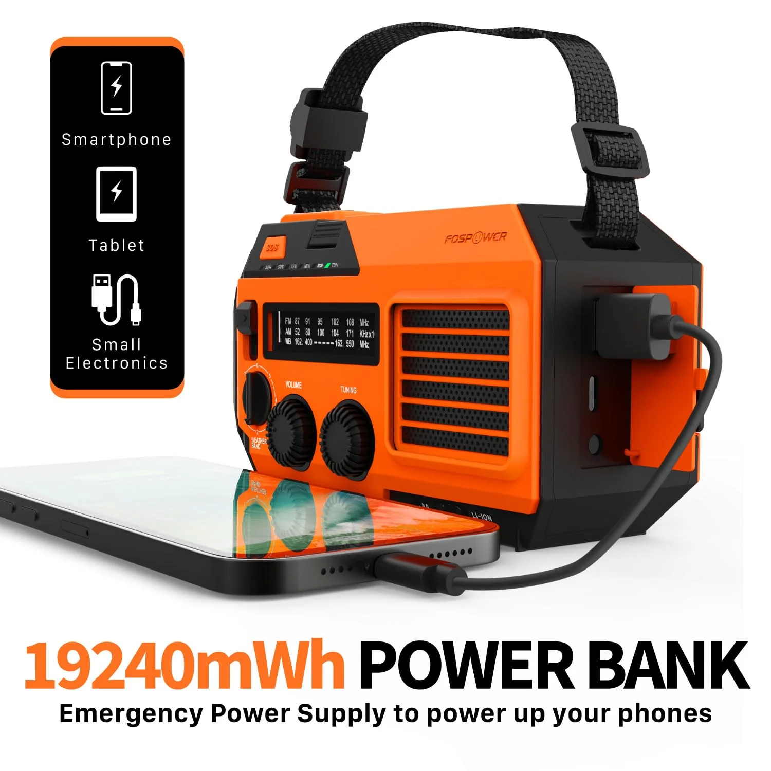 FosPower Emergency Weather Radio (Model A6) NOAA/AM/FM with 19240mWh Portable Power Bank, USB/Solar/Hand Crank Charging, Battery Operated, SOS Alarm & Flashlight for Indoor/Outdoor Emergency - Orange - Image 3