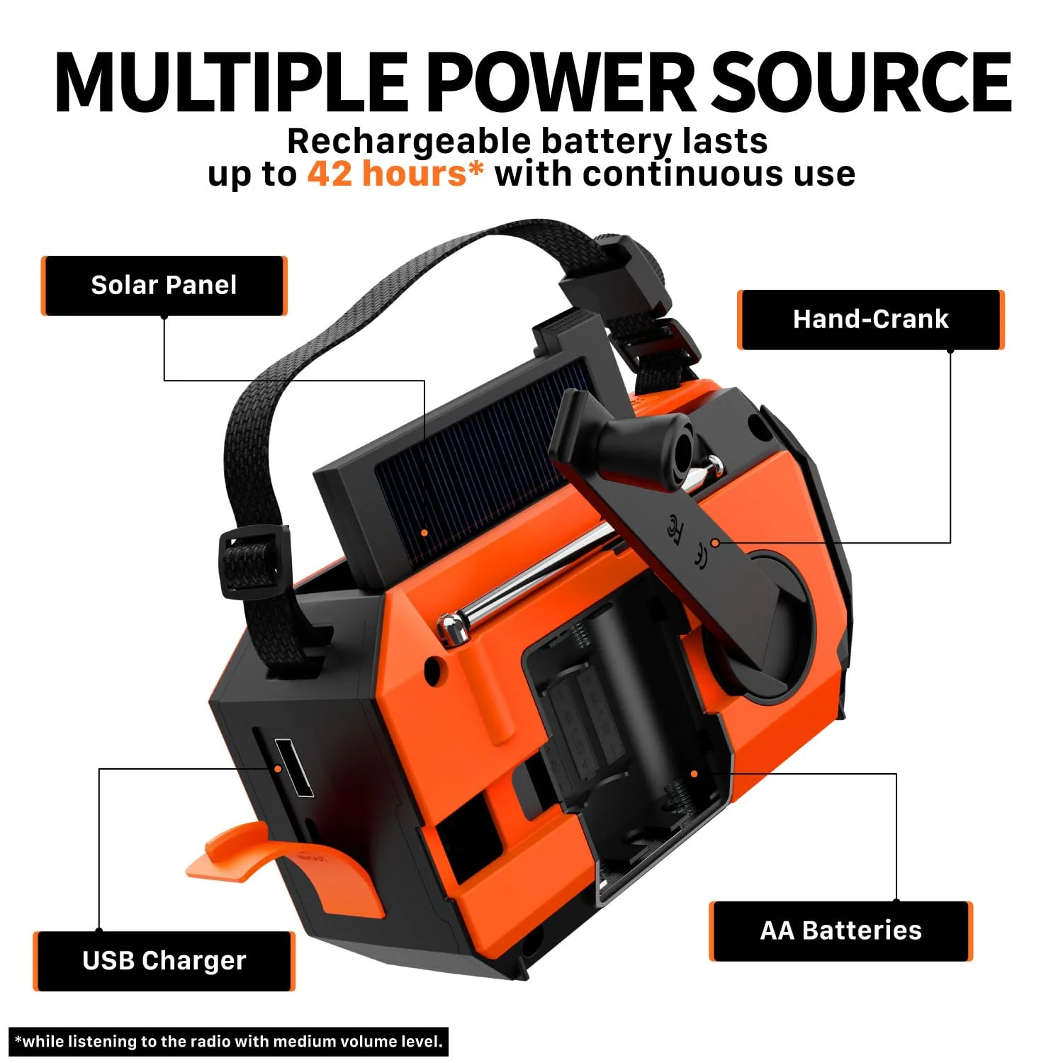 FosPower Emergency Weather Radio (Model A6) NOAA/AM/FM with 19240mWh Portable Power Bank, USB/Solar/Hand Crank Charging, Battery Operated, SOS Alarm & Flashlight for Indoor/Outdoor Emergency - Orange - Image 4