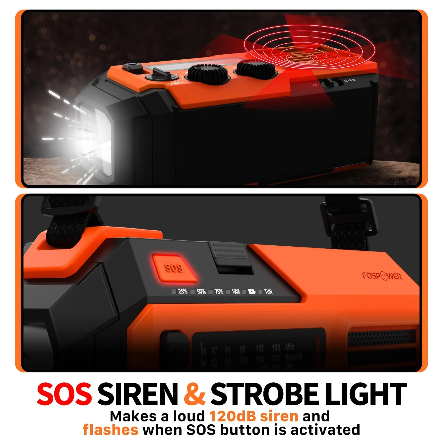 FosPower Emergency Weather Radio (Model A6) NOAA/AM/FM with 19240mWh Portable Power Bank, USB/Solar/Hand Crank Charging, Battery Operated, SOS Alarm & Flashlight for Indoor/Outdoor Emergency - Orange - Image 5