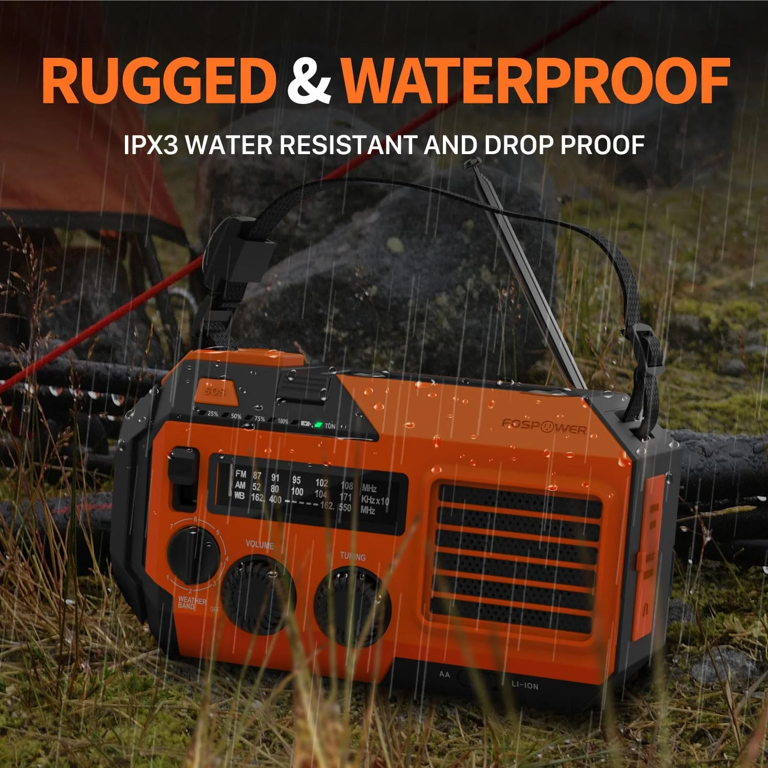 FosPower Emergency Weather Radio (Model A6) NOAA/AM/FM with 19240mWh Portable Power Bank, USB/Solar/Hand Crank Charging, Battery Operated, SOS Alarm & Flashlight for Indoor/Outdoor Emergency - Orange - Image 6