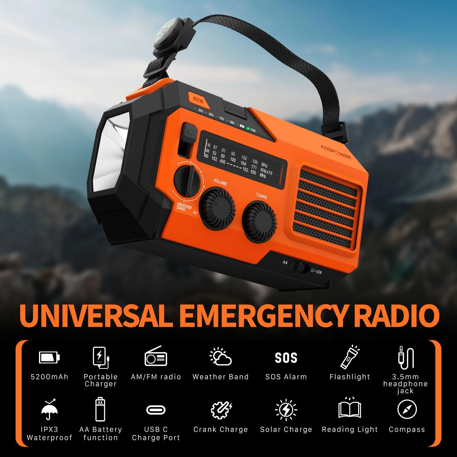 FosPower Emergency Weather Radio (Model A6) NOAA/AM/FM with 19240mWh Portable Power Bank, USB/Solar/Hand Crank Charging, Battery Operated, SOS Alarm & Flashlight for Indoor/Outdoor Emergency - Orange - Image 7