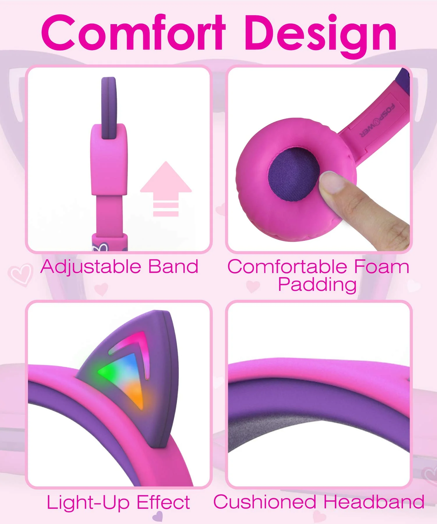 FosPower Kids Headphones with LED Cat Ears (Safe Volume Limit 85 dB), 3.5mm On-Ear Wired Headphones with Laced Tangle-Free Cables for Boys/Girls/School/Travel - Hot Pink/Purple Hot Pink / Purple - Image 2