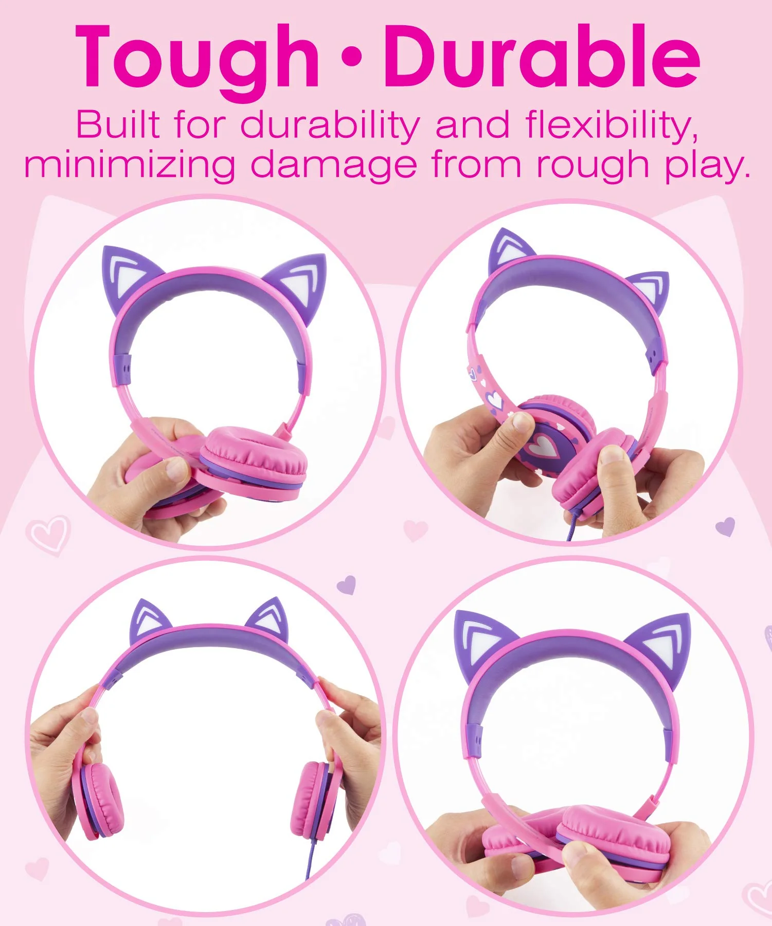 FosPower Kids Headphones with LED Cat Ears (Safe Volume Limit 85 dB), 3.5mm On-Ear Wired Headphones with Laced Tangle-Free Cables for Boys/Girls/School/Travel - Hot Pink/Purple Hot Pink / Purple - Image 3
