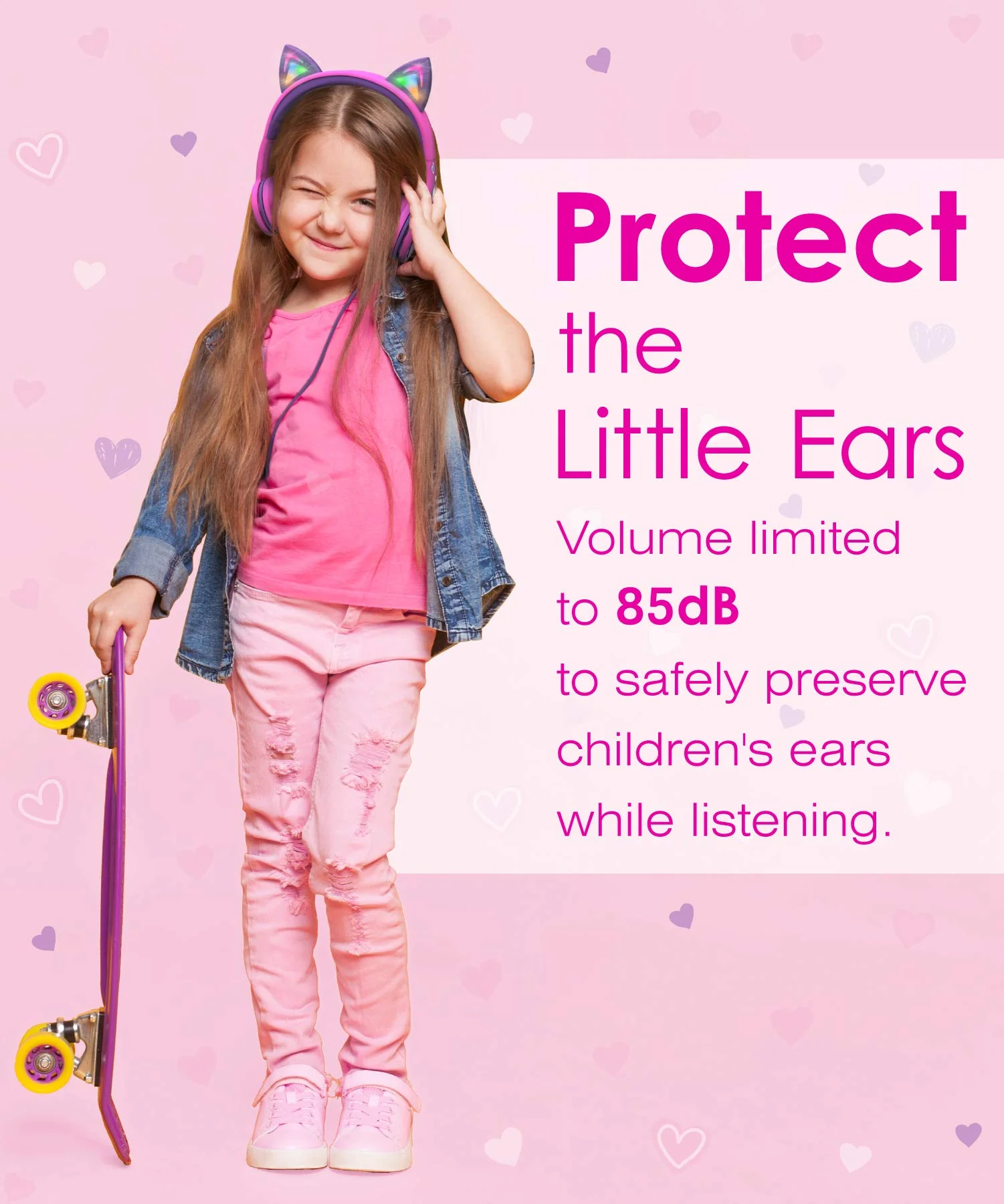FosPower Kids Headphones with LED Cat Ears (Safe Volume Limit 85 dB), 3.5mm On-Ear Wired Headphones with Laced Tangle-Free Cables for Boys/Girls/School/Travel - Hot Pink/Purple Hot Pink / Purple - Image 4