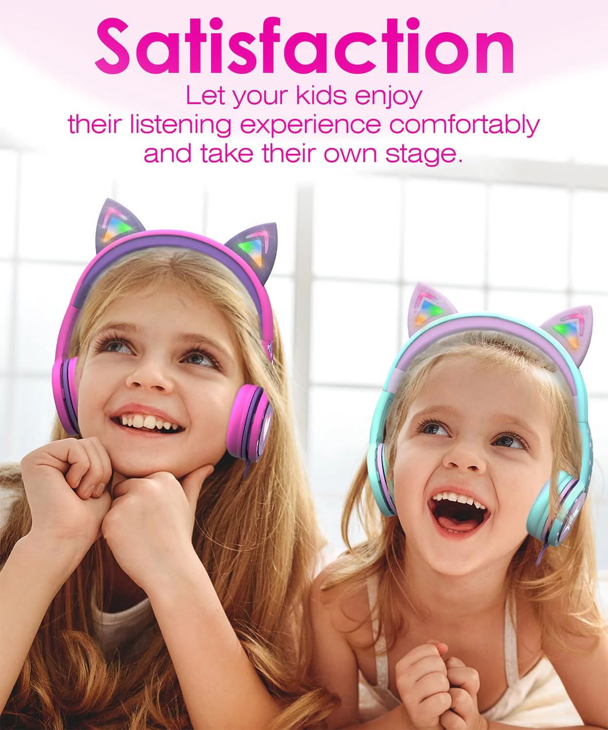 FosPower Kids Headphones with LED Cat Ears (Safe Volume Limit 85 dB), 3.5mm On-Ear Wired Headphones with Laced Tangle-Free Cables for Boys/Girls/School/Travel - Hot Pink/Purple Hot Pink / Purple - Image 7