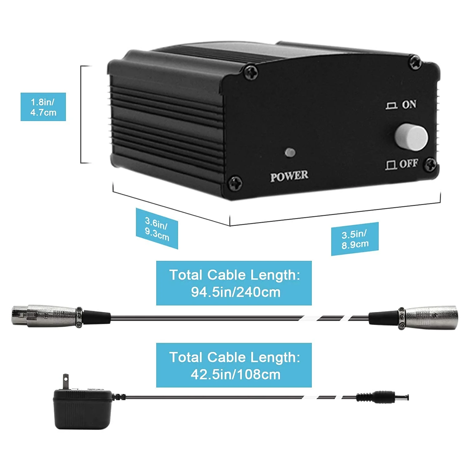 Fotoconic 1-Channel 48V Phantom Power Supply with Adapter, Bonus+XLR 3 Pin Microphone Cable for Any Condenser Microphone Music Recording Equipment - Image 3