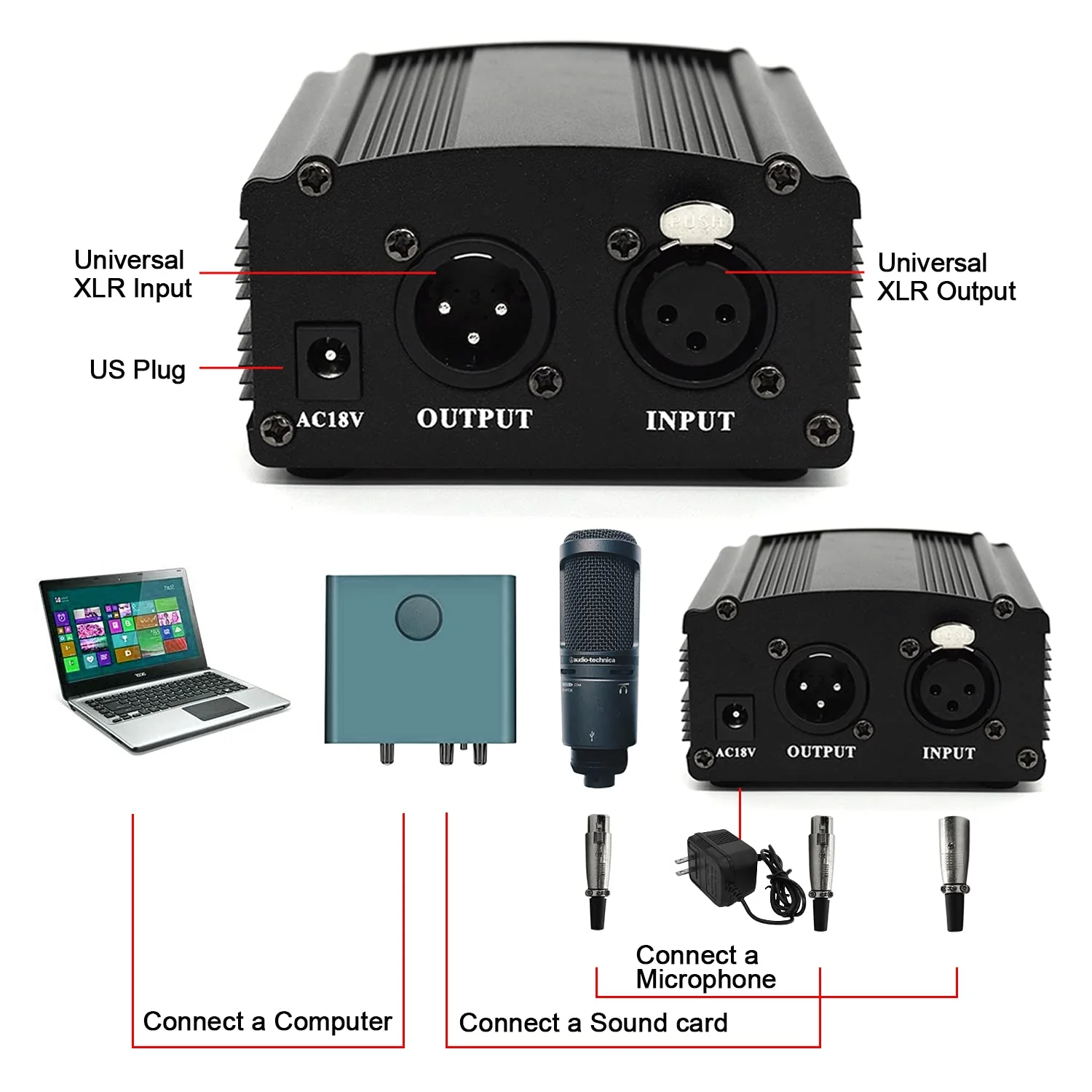 Fotoconic 1-Channel 48V Phantom Power Supply with Adapter, Bonus+XLR 3 Pin Microphone Cable for Any Condenser Microphone Music Recording Equipment - Image 5