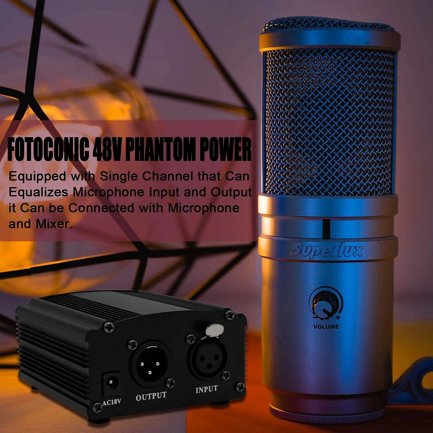 Fotoconic 1-Channel 48V Phantom Power Supply with Adapter, Bonus+XLR 3 Pin Microphone Cable for Any Condenser Microphone Music Recording Equipment - Image 6