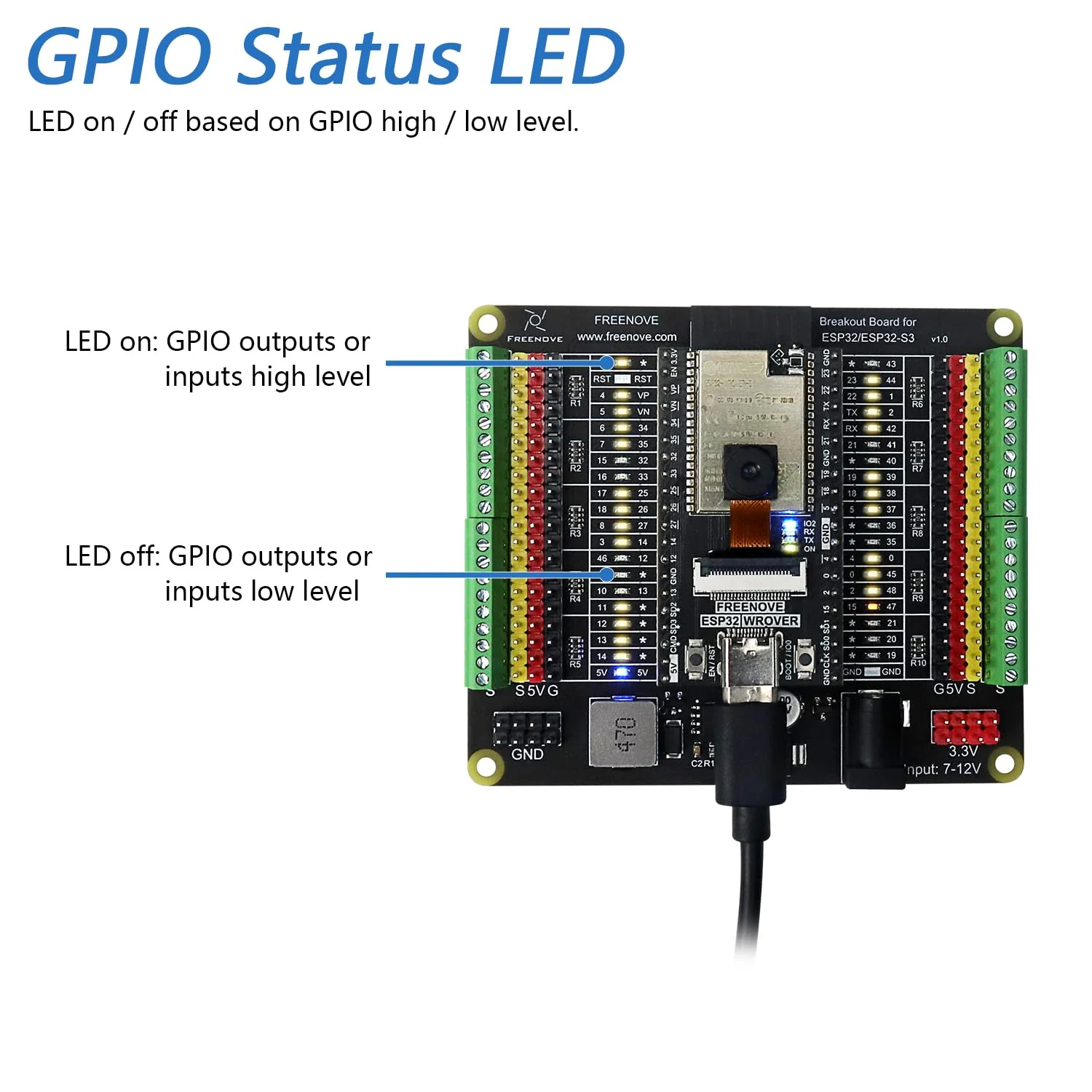 Freenove Breakout Board for ESP32 / ESP32-S3 WROVER WROOM, Terminal Block Shield HAT with Pin Header, 5V 3.3V Power Outputs, GPIO Status LED - Image 3