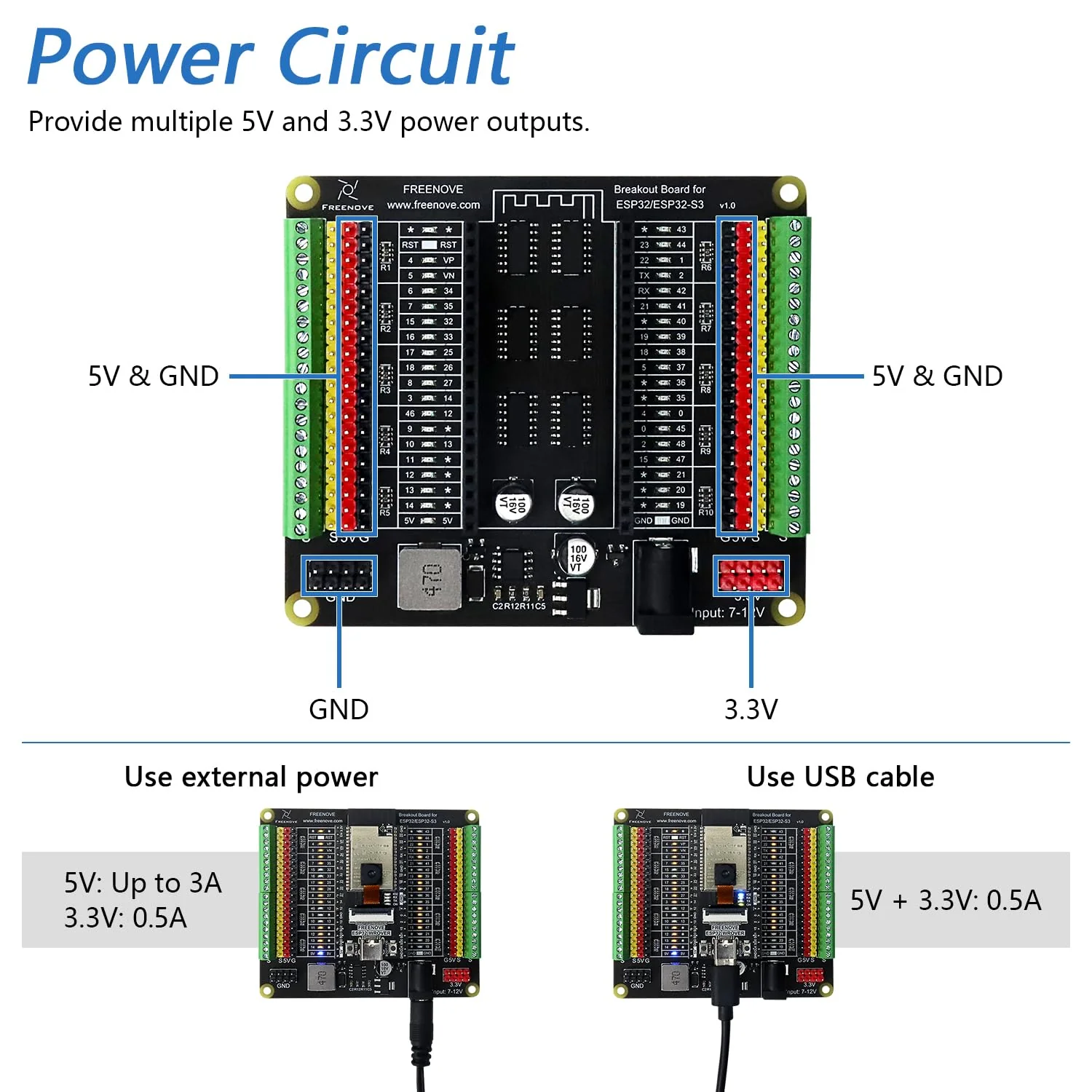 Freenove Breakout Board for ESP32 / ESP32-S3 WROVER WROOM, Terminal Block Shield HAT with Pin Header, 5V 3.3V Power Outputs, GPIO Status LED - Image 5