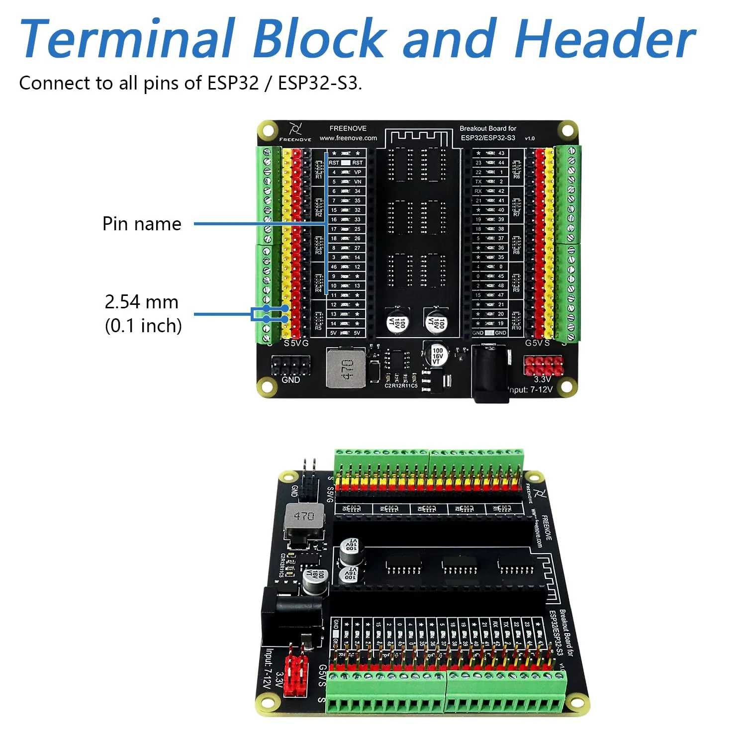 Freenove Breakout Board for ESP32 / ESP32-S3 WROVER WROOM, Terminal Block Shield HAT with Pin Header, 5V 3.3V Power Outputs, GPIO Status LED - Image 6