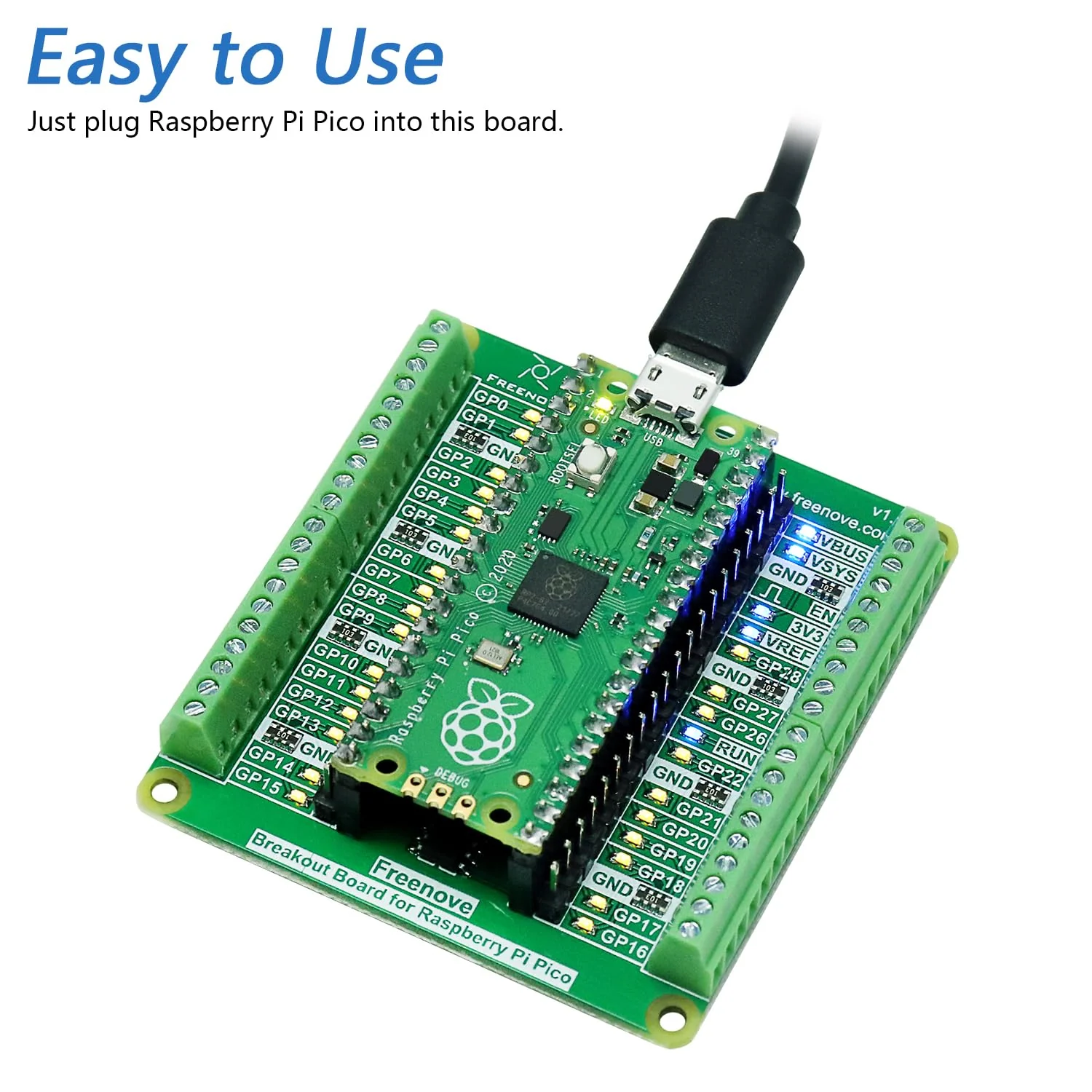 Freenove Breakout Board for Raspberry Pi Pico 1 2 W H WH, Terminal Block Shield HAT with Pin Header, GPIO Status LED - Image 2