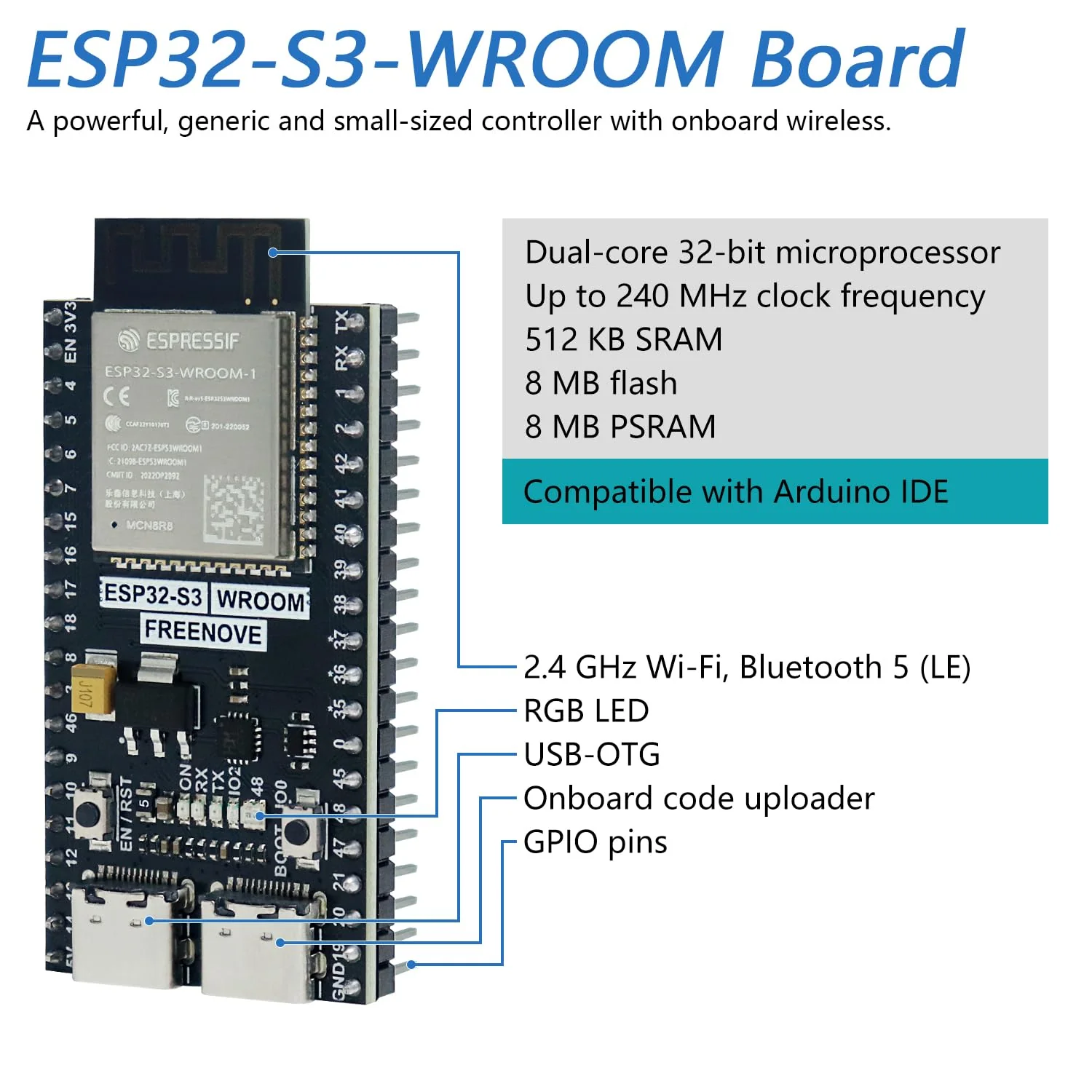 FREENOVE ESP32-S3-WROOM Board Lite (2 Pack), Dual-core 32-bit 240 MHz Microcontroller, Onboard Wireless, Python C Code, Example Projects Tutorial 2 Pack - Image 3