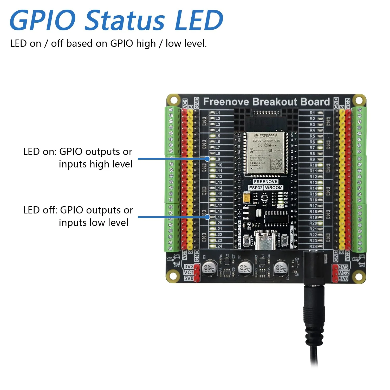 Freenove Universal Breakout Board Compatible with Arduino Nano Micro Raspberry Pi Pico 1 2 W ESP32 ESP8266, Terminal Block Shield HAT with Pin Header, GPIO Status LED, 5 V 3.3 V - Image 4
