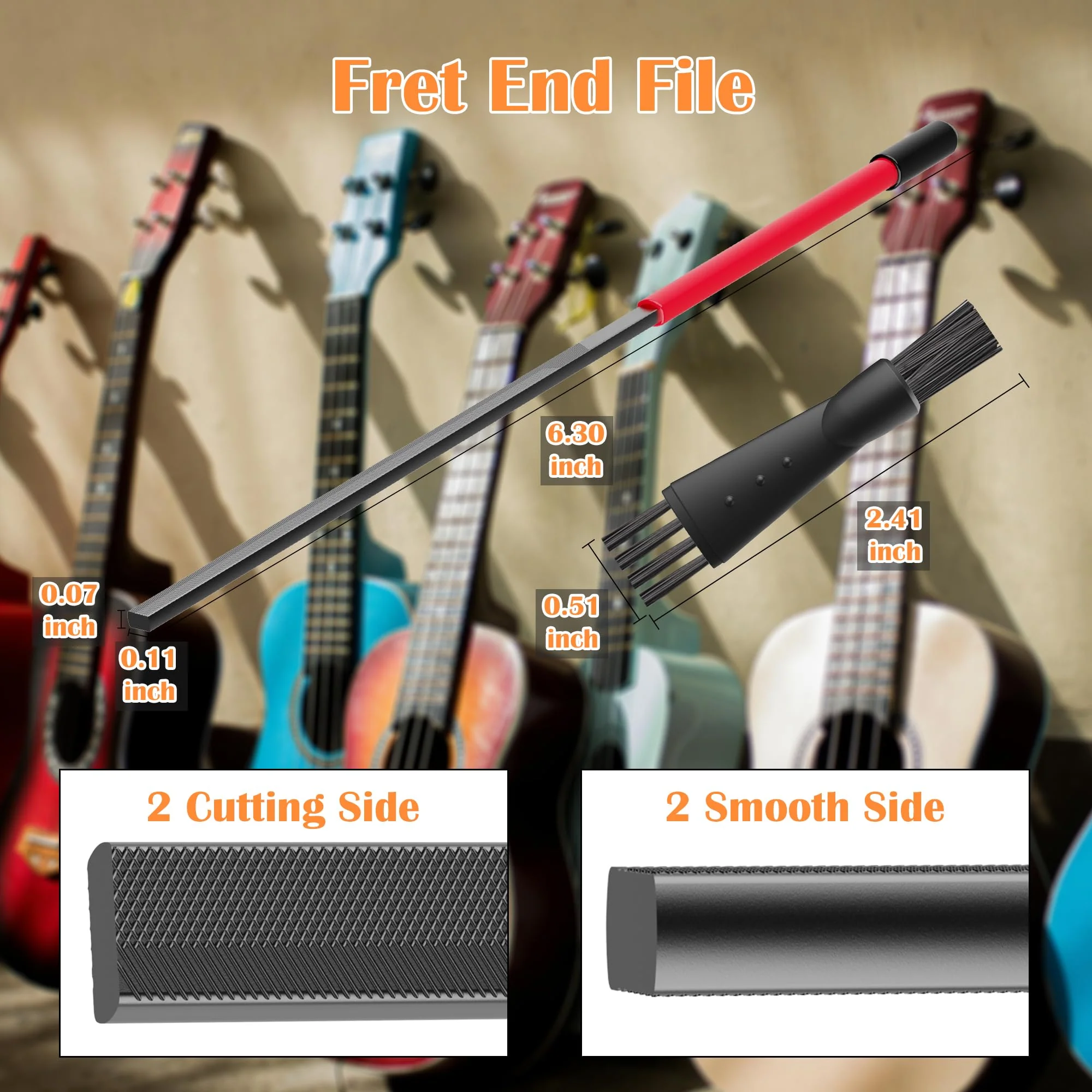 Fret End Dressing File, Fix Sharp Guitar Fret Ends - Professional Luthier Tool - Double-Side Fret File - Fret Crowning File For Rounding, Shaping, and Deburring, Works on All Frets, with Clean Brush - Image 2