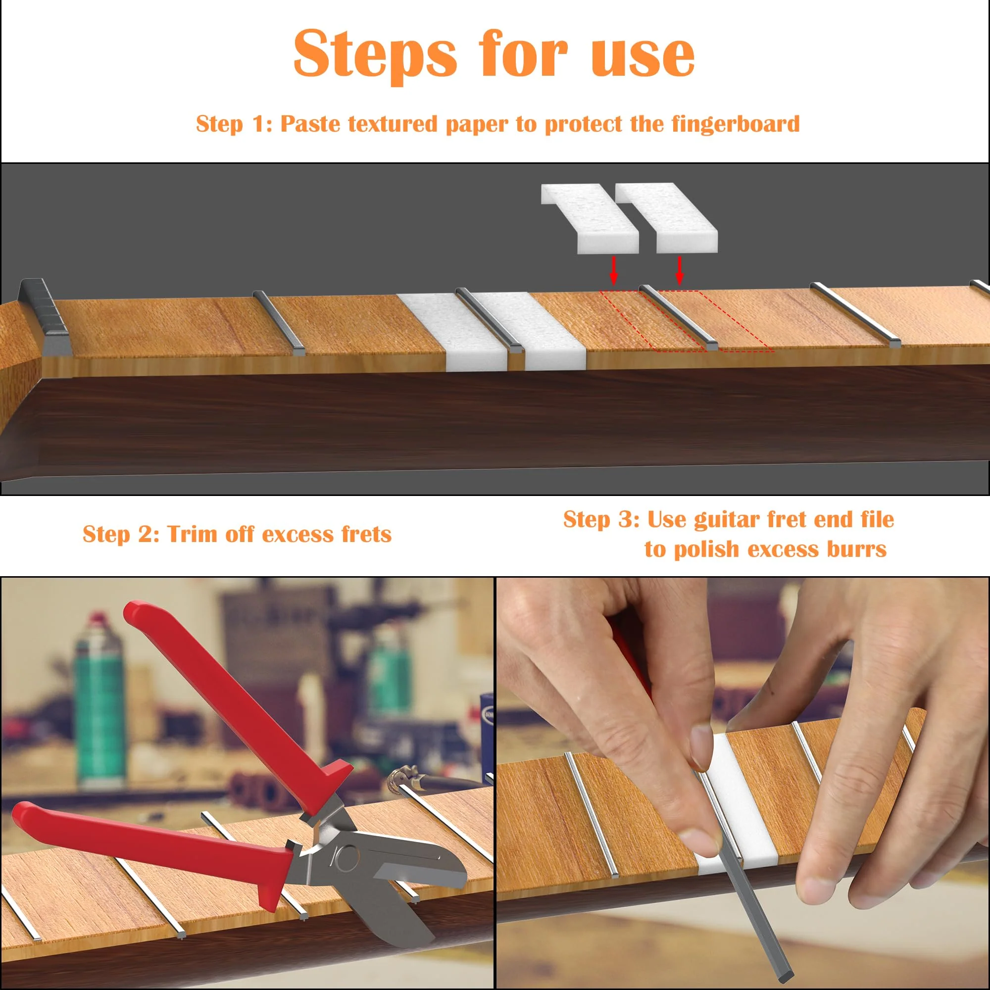 Fret End Dressing File, Fix Sharp Guitar Fret Ends - Professional Luthier Tool - Double-Side Fret File - Fret Crowning File For Rounding, Shaping, and Deburring, Works on All Frets, with Clean Brush - Image 3