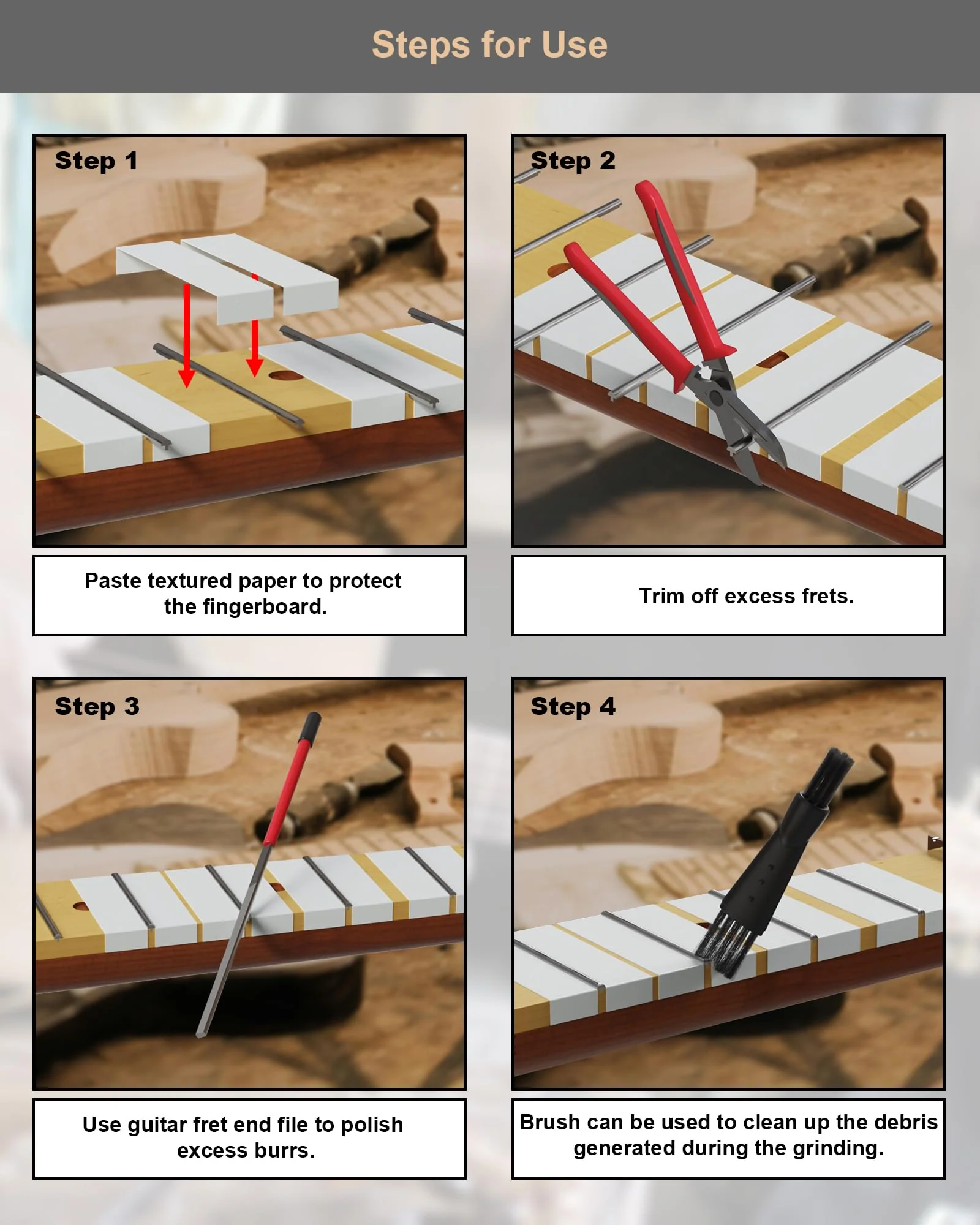 Fret End File, Fix Sharp Fret End Dressing File, Double-Side Guitar Fret Files for Rounding, Shaping, and Deburring, Works on All Frets, with Clean Brush - Image 3