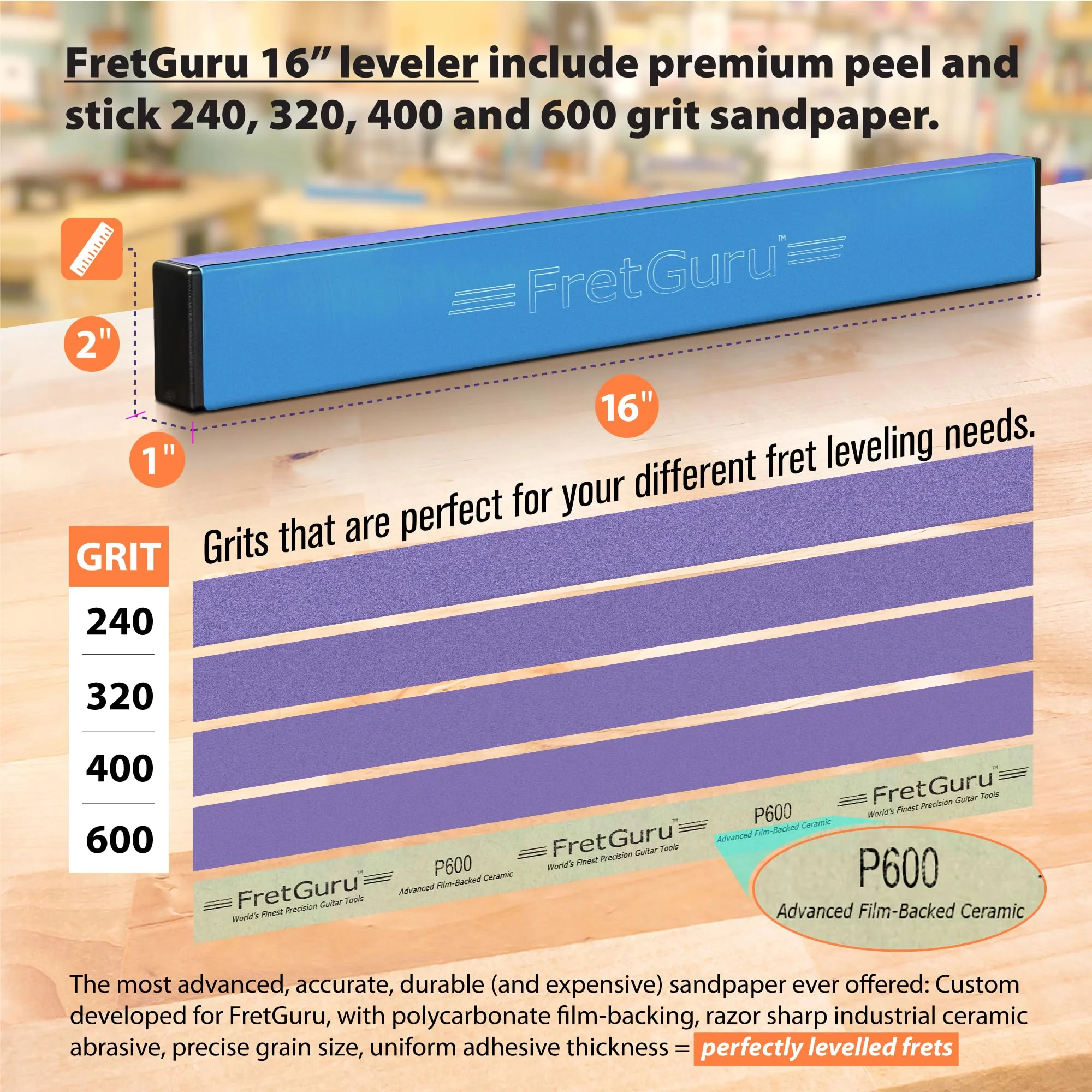 FretGuru Sanding Beam Fret Leveler (16" ~400mm) Professional guitar luthier leveling file includes 240, 320, 400, 600 Grit Advanced Film-Backed Ceramic Sandpaper, naphtha based adhesive remover wipes 16" - Image 5