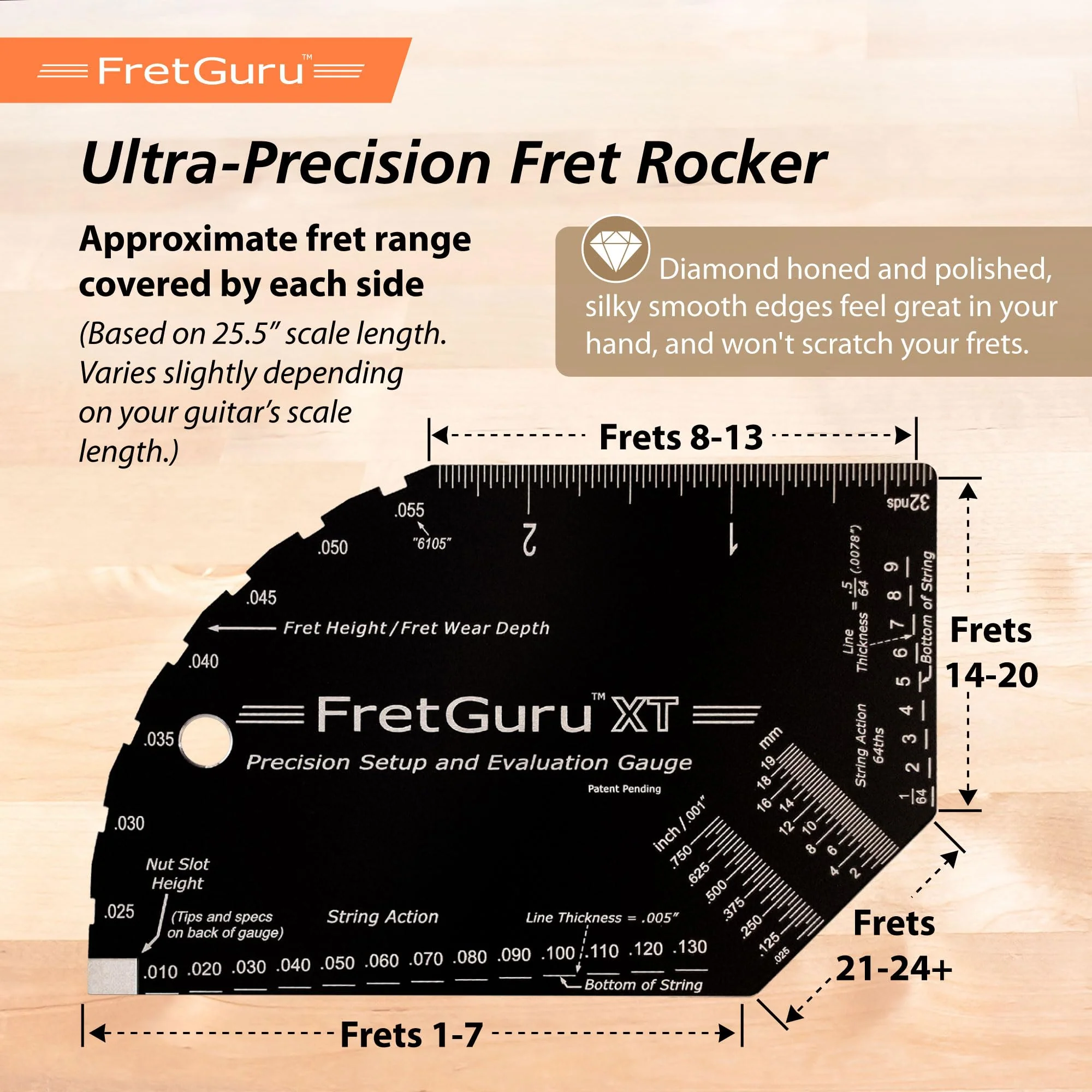 FretGuru XT Guitar String Action Gauge – Pro Fret Rocker, Bridge & Pickup Spacing Ruler, Advanced Ultra-Precision, MOAGG™ Technology – Guitar Setup Tool for Luthiers with Fret Height/Fret Wear Checker XT Gauge - Image 4