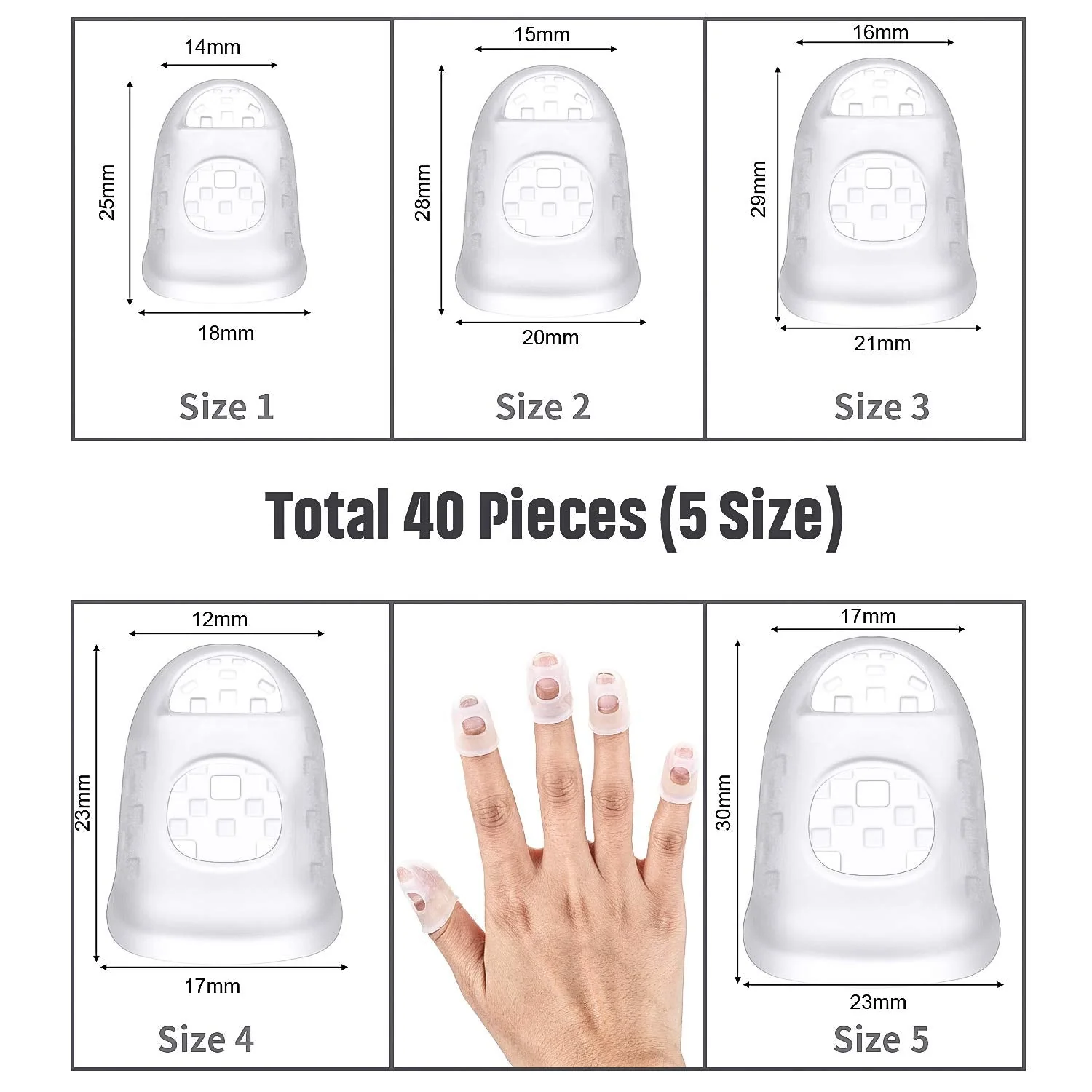 Frienda 40 Pieces Guitar Fingertip Protectors Silicone Finger Guards Anti-slip Finger Protection Covers Caps for Stringed Instruments Guitar Mandolin Bass Counting Sewing, 5 Sizes Transparent - Image 3