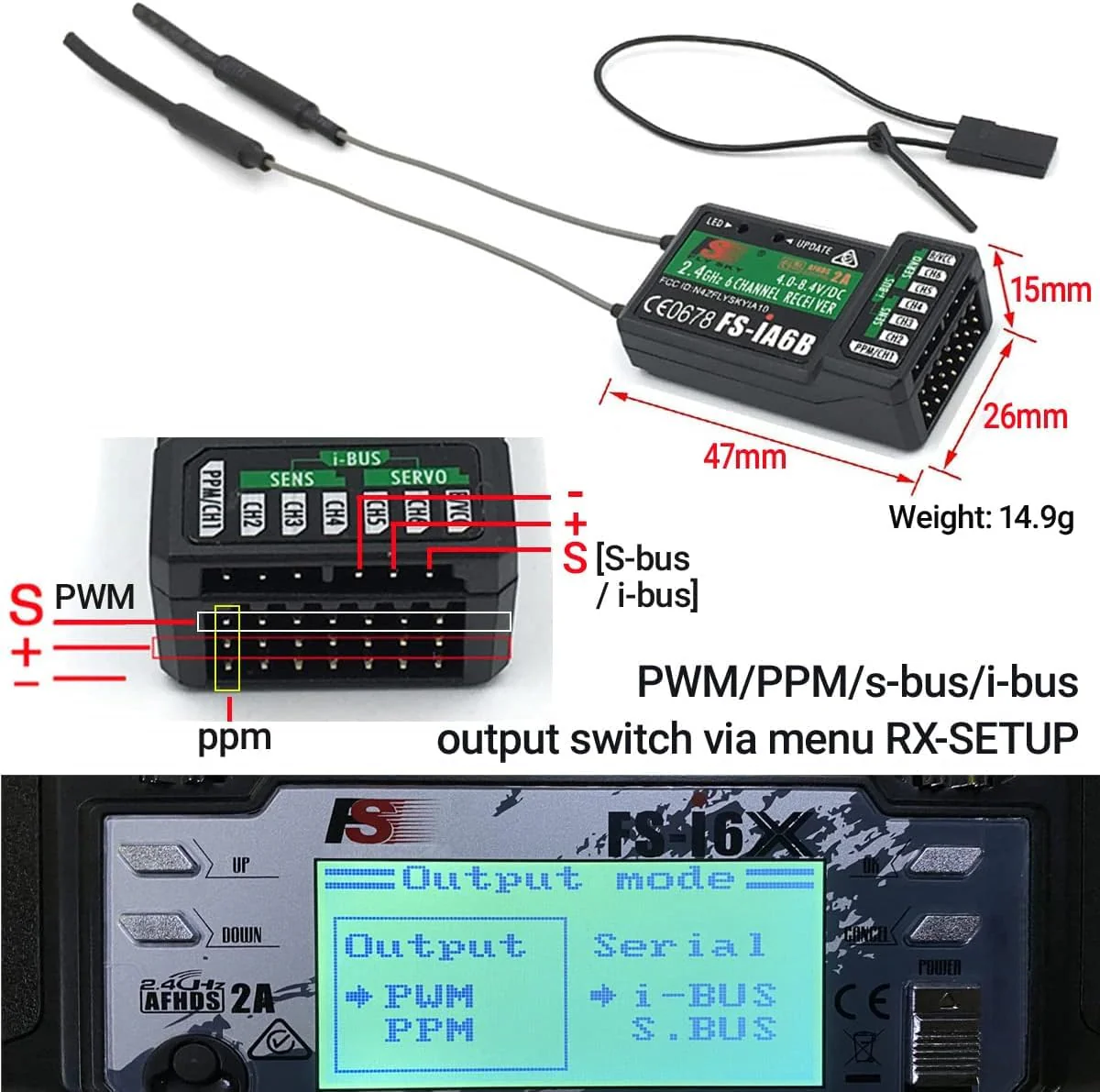 FS-iA6B Receiver 6 Channels 2.4GHz Support PWM PPM i.Bus for FS-i6 FS-i6S FS-i6X RC Transmitter Radio Remote Control，Compatible with Flysky AFHDS2A TX Black - Image 5