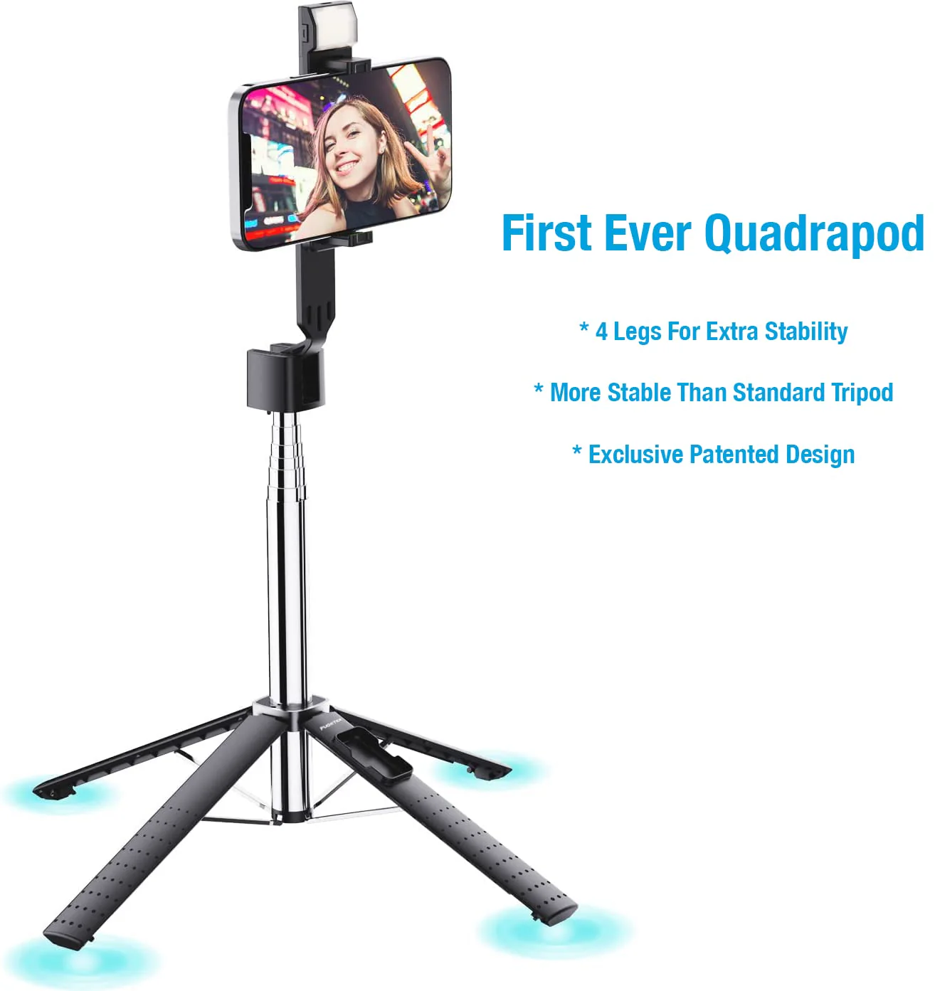 Fugetek 40'' Quadrapod Lighted Selfie Stick Stand, Lightweight 7oz, Wireless Bluetooth Remote, Patented Ultra Stable 4 Legs, 3 Onboard Light Modes, Compatible with iPhone & Android (Black) Black - Image 2