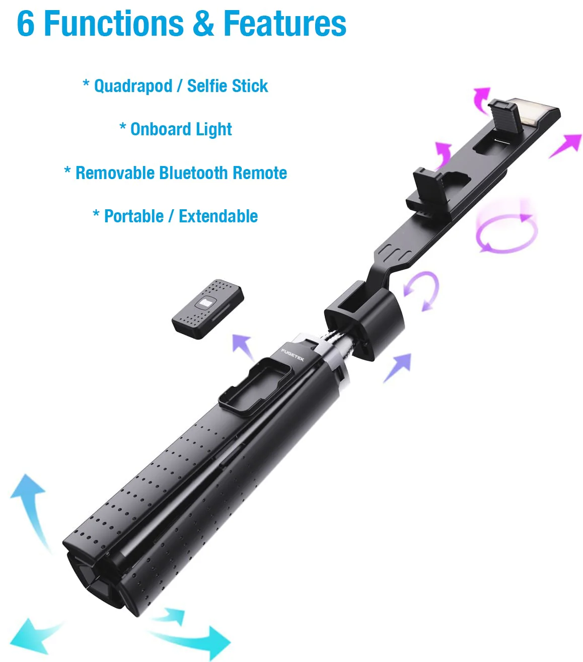 Fugetek 40'' Quadrapod Lighted Selfie Stick Stand, Lightweight 7oz, Wireless Bluetooth Remote, Patented Ultra Stable 4 Legs, 3 Onboard Light Modes, Compatible with iPhone & Android (Black) Black - Image 4