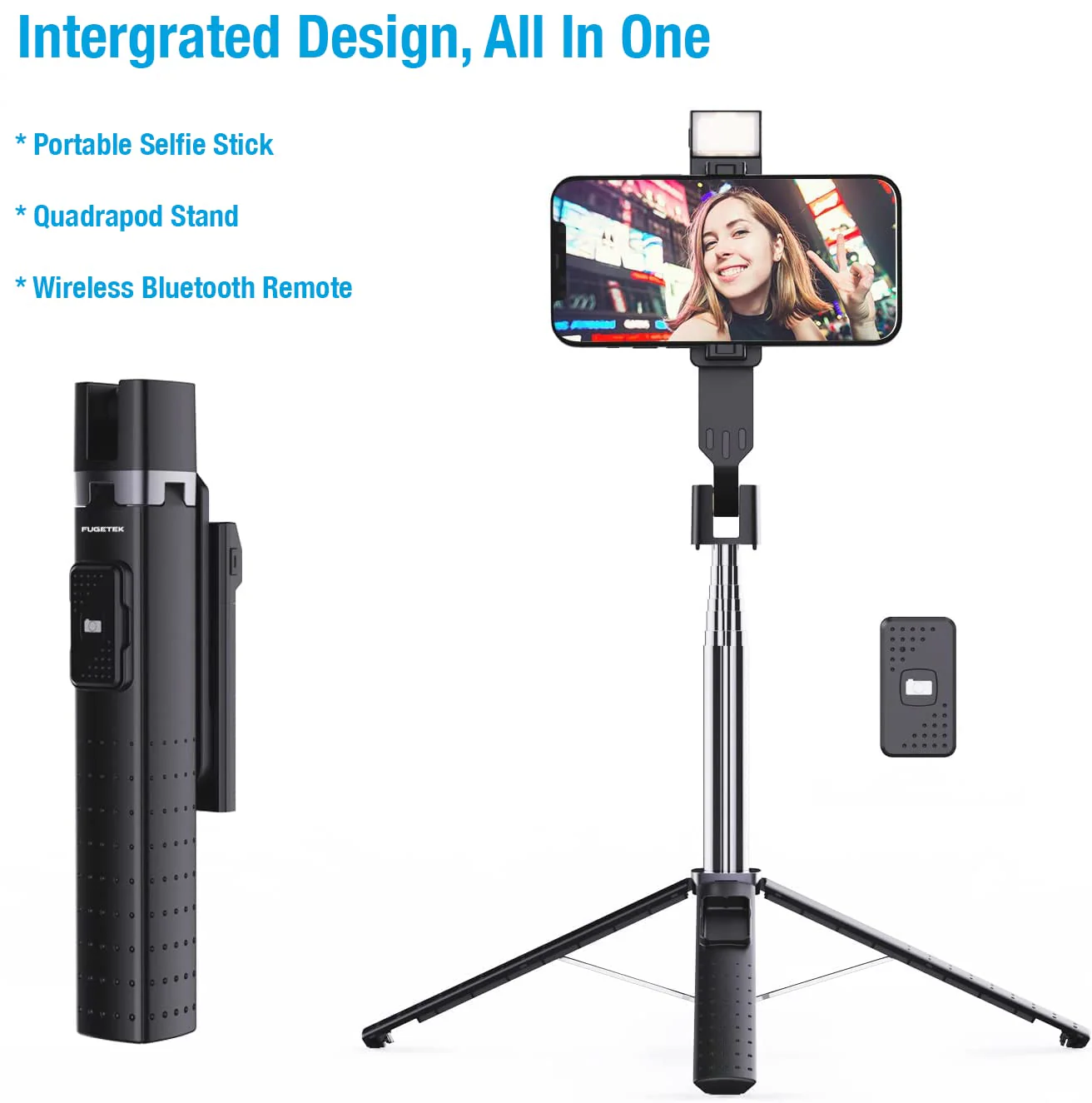 Fugetek 40'' Quadrapod Lighted Selfie Stick Stand, Lightweight 7oz, Wireless Bluetooth Remote, Patented Ultra Stable 4 Legs, 3 Onboard Light Modes, Compatible with iPhone & Android (Black) Black - Image 7