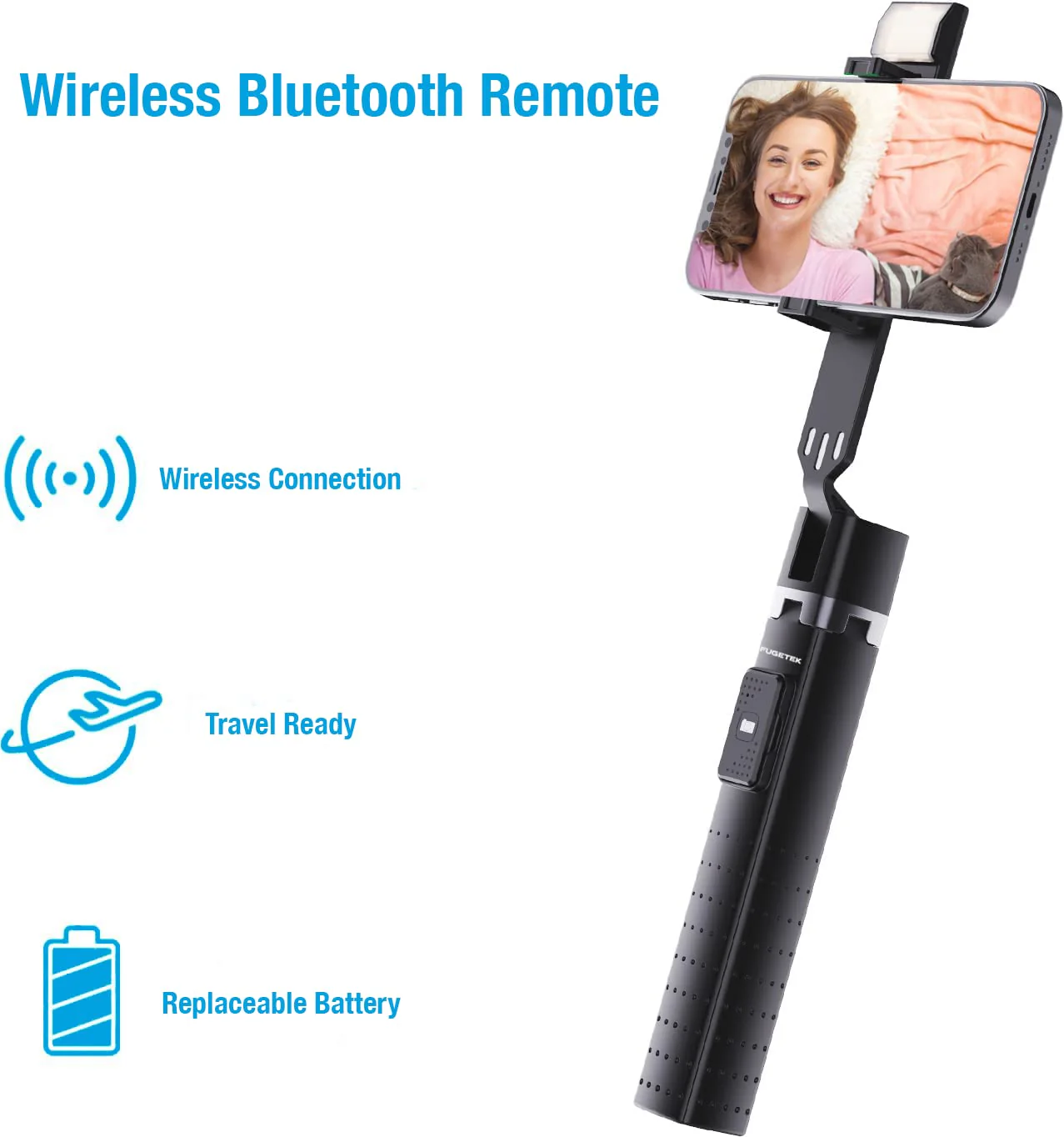 Fugetek 40'' Quadrapod Lighted Selfie Stick Stand, Lightweight 7oz, Wireless Bluetooth Remote, Patented Ultra Stable 4 Legs, 3 Onboard Light Modes, Compatible with iPhone & Android (Black) Black - Image 8
