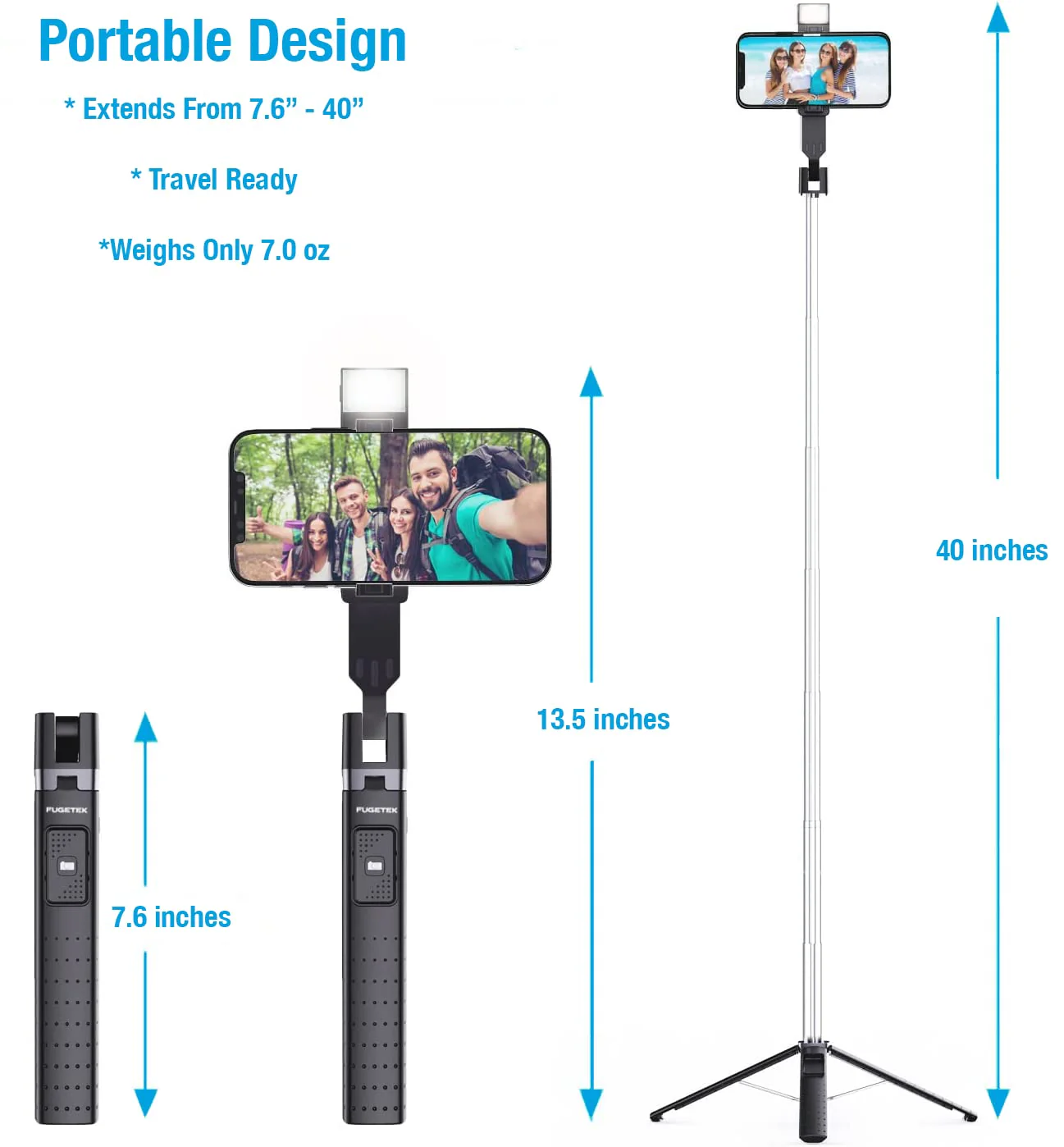 Fugetek 40'' Quadrapod Lighted Selfie Stick Stand, Lightweight 7oz, Wireless Bluetooth Remote, Patented Ultra Stable 4 Legs, 3 Onboard Light Modes, Compatible with iPhone & Android (Black) Black - Image 9