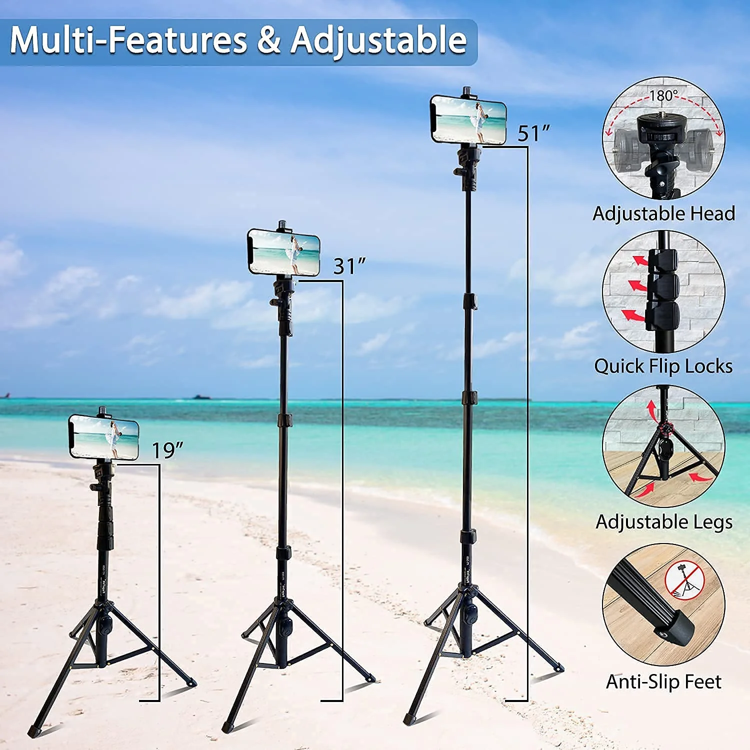 Fugetek 51" Professional Selfie Stick & Tripod, Phone Holder, Extendable, Bluetooth Remote, Portable All in One, Heavy Duty Aluminum, Compatible with iPhone & Android Devices, Non Skid Feet, Black - Image 6