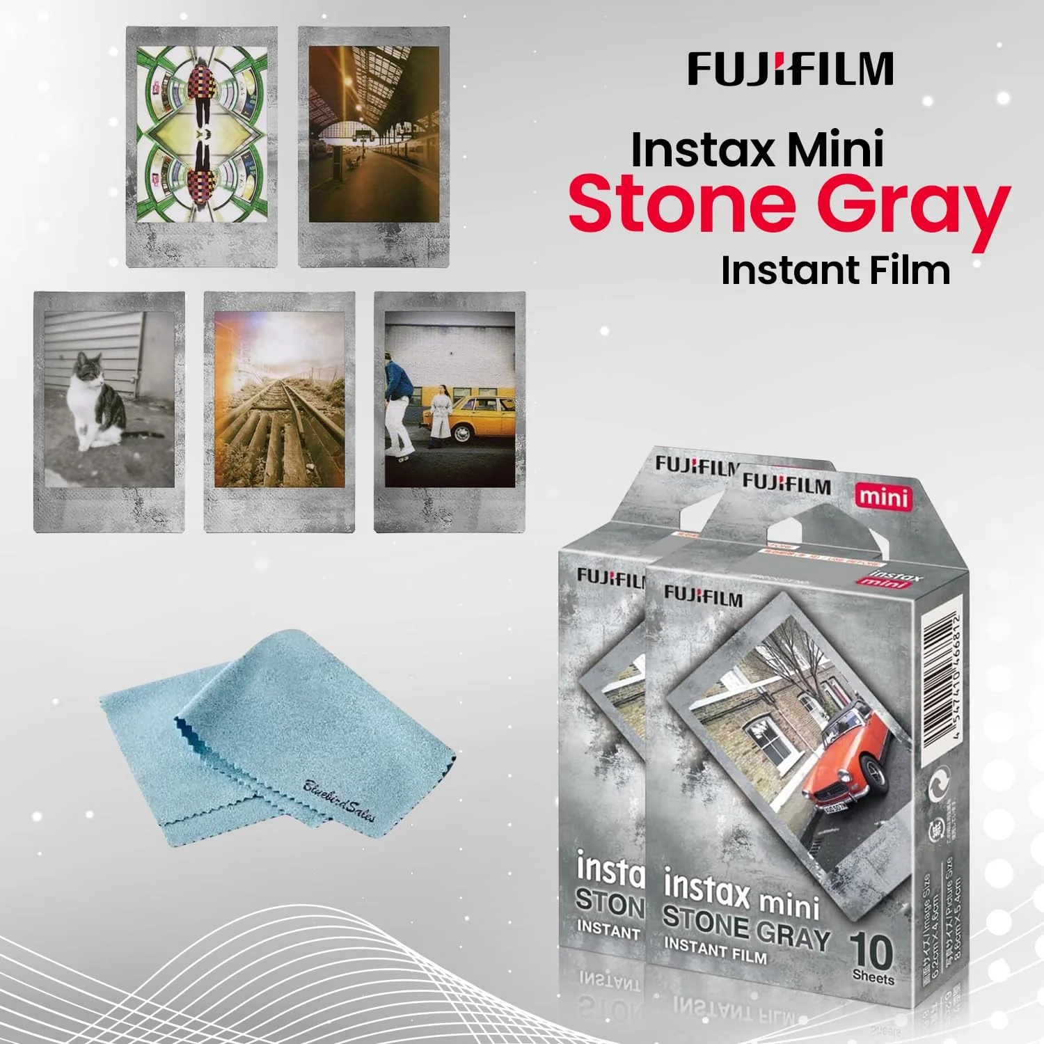 FUJIFILM Mini Stone Gray Film Bundle ISO 800, Credit-Card Size, Easy-Load Cartridge, BluebirdSales Microfiber Cleaning Cloth, Compatible with INSTAX MINI Cameras (50 Shots) 50 Shots - Image 2