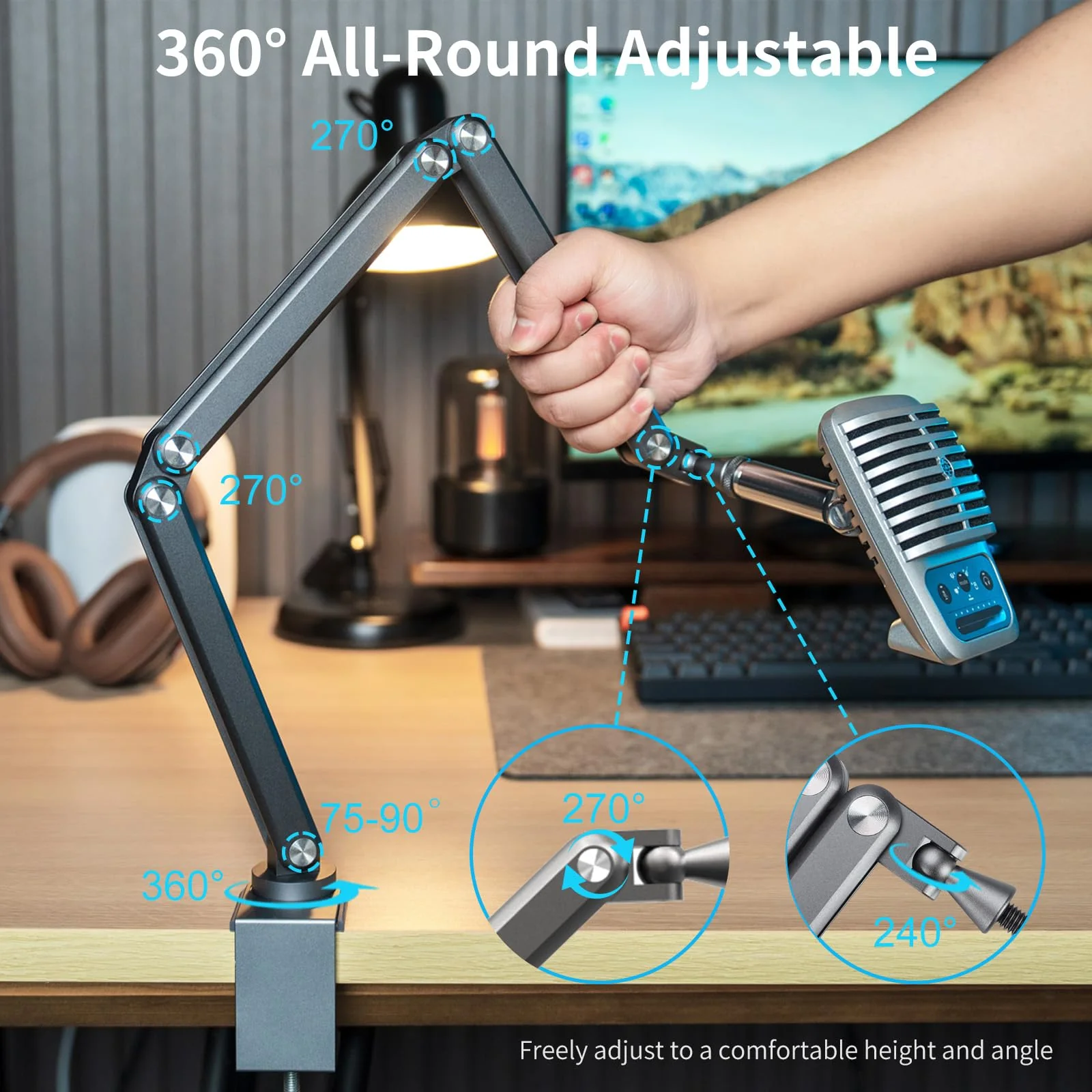 FULAIM Boom Mic Arm, 360° Rotatable, Adjustable & Foldable Desk Microphone Arm Stand, Sturdy Aluminum Alloy Mic Arm for Podcast, Video, Gaming, Meeting, Radio, Studio gray - Image 4