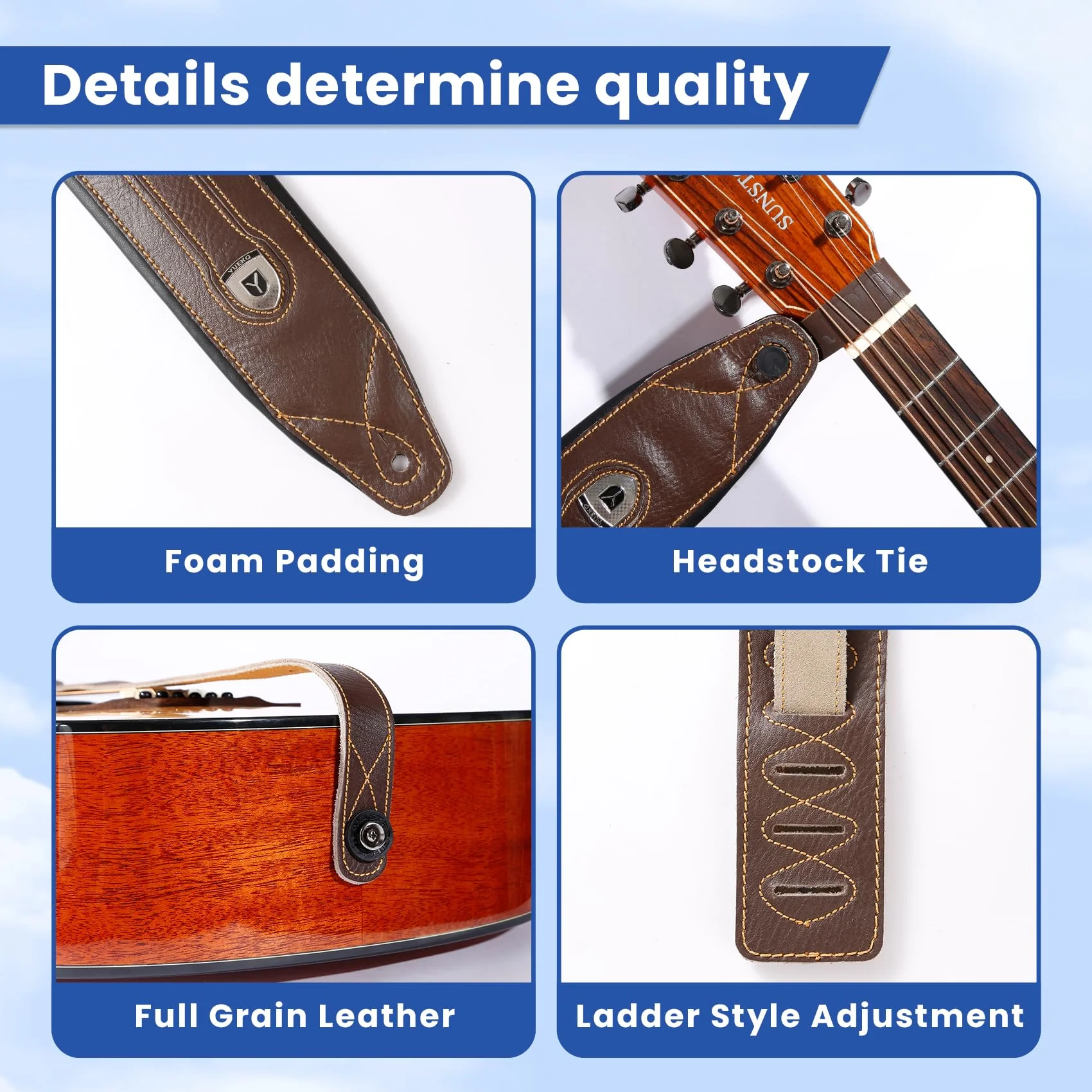 Full Grain Cowhide Leather Guitar Strap Thickened Air Cushion Padded Strap for Acoustic Electric Guitar Bass Y-034 Brown - Image 2