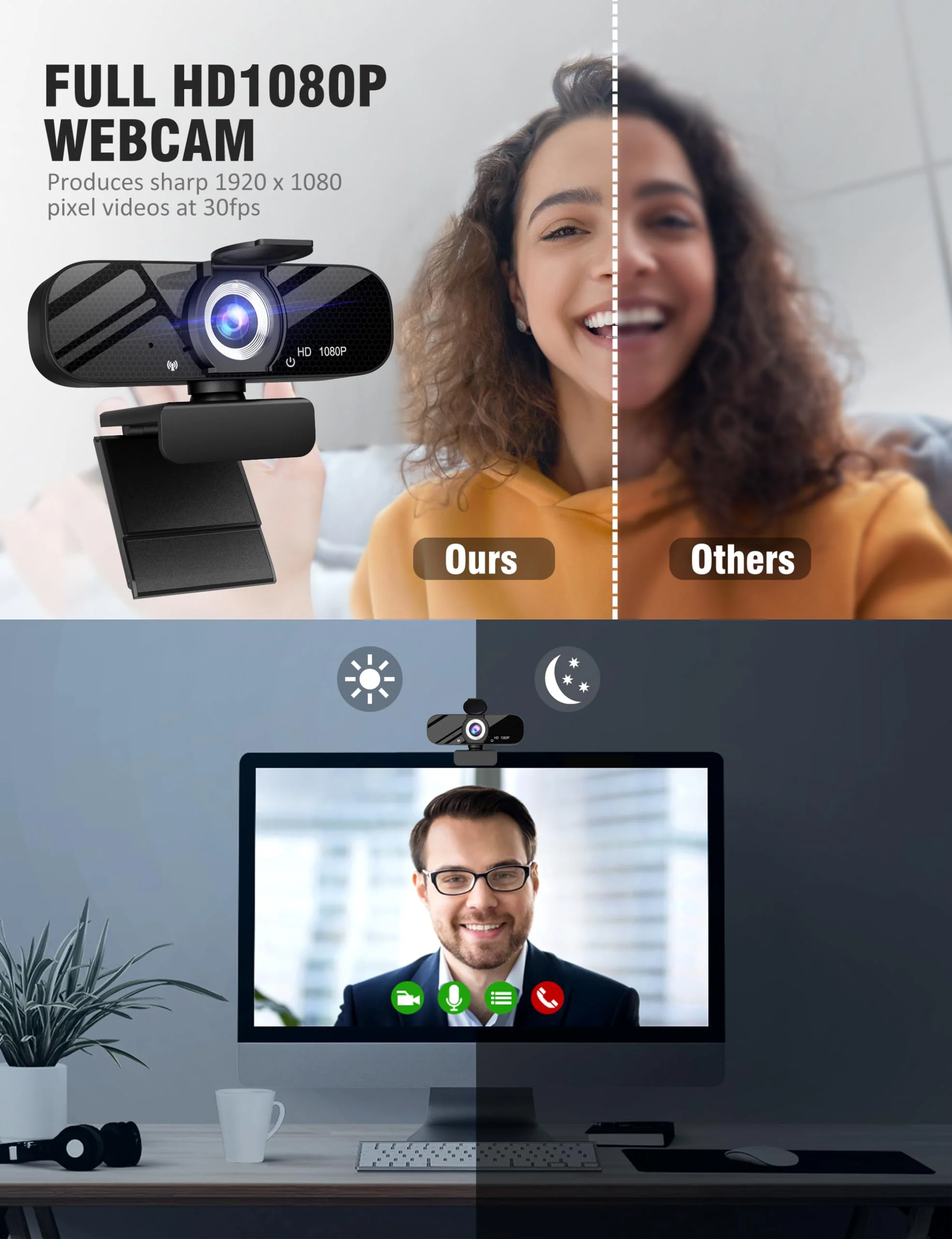 Full HD Webcam with Built-in Microphone and Rotatable Tripod, 1080P Video and Wide Angle Camera, Privacy Cover, for Desktop PC or Laptop Computer 1080P Webcam with Type-C Cable - Image 2