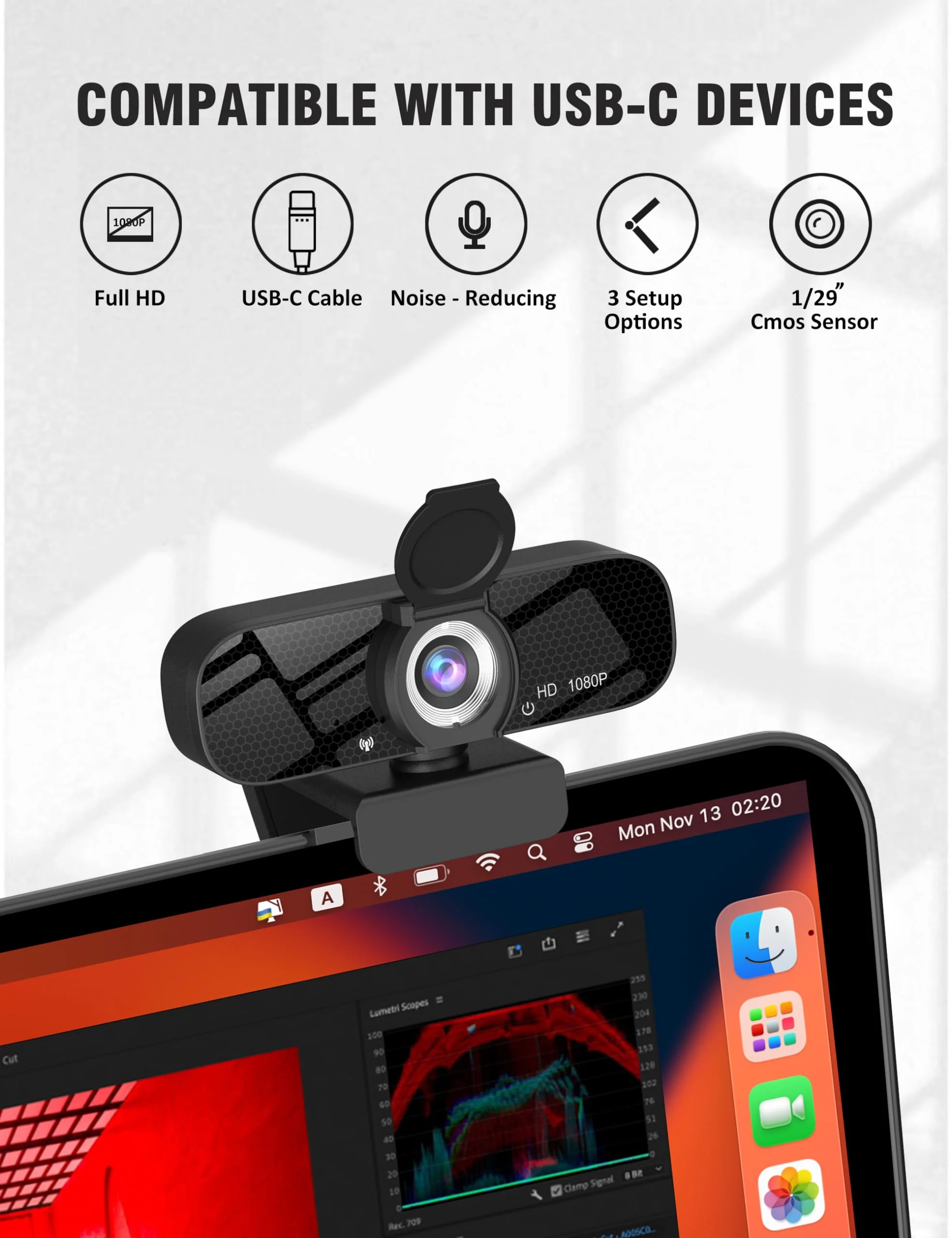 Full HD Webcam with Built-in Microphone and Rotatable Tripod, 1080P Video and Wide Angle Camera, Privacy Cover, for Desktop PC or Laptop Computer 1080P Webcam with Type-C Cable - Image 4