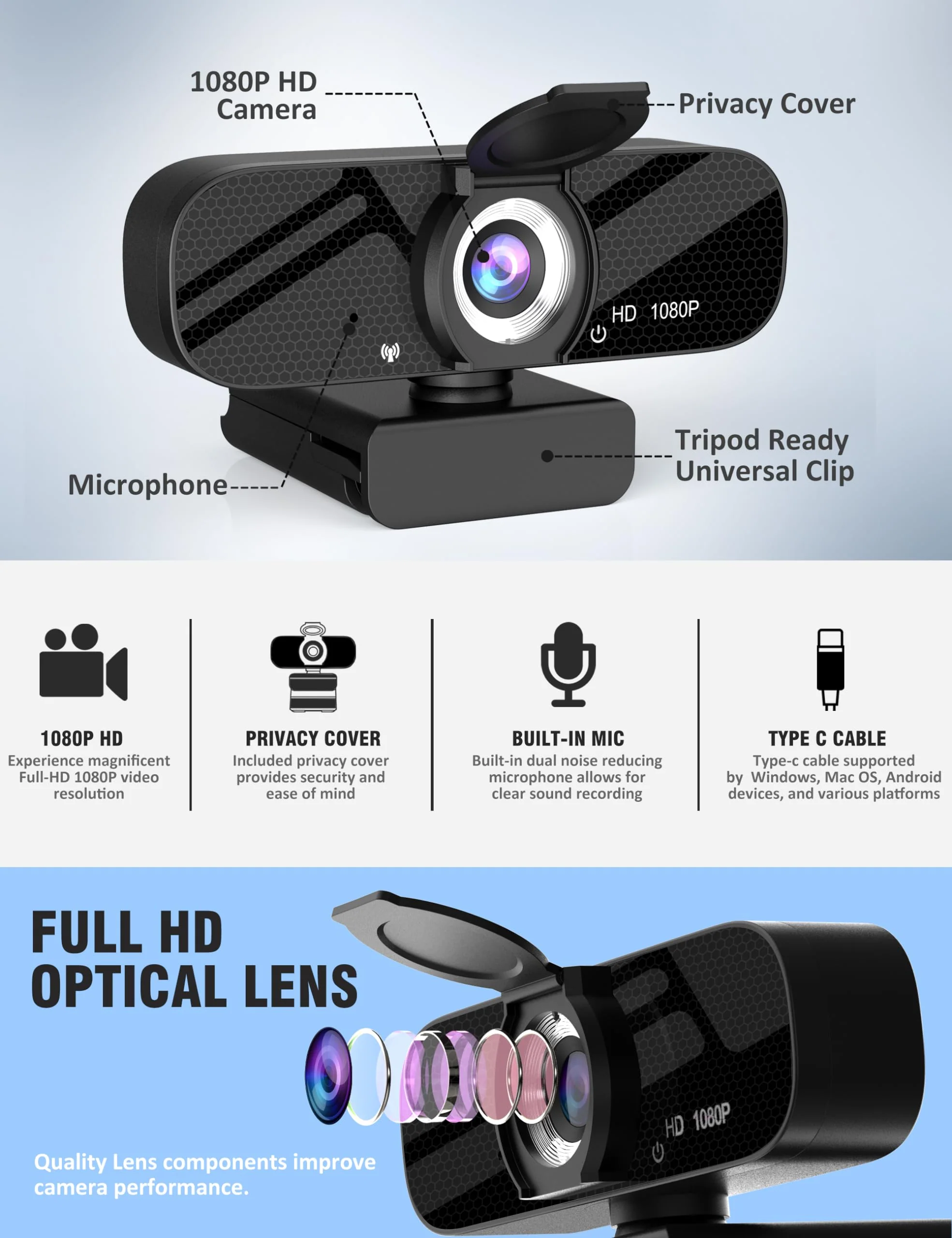 Full HD Webcam with Built-in Microphone and Rotatable Tripod, 1080P Video and Wide Angle Camera, Privacy Cover, for Desktop PC or Laptop Computer 1080P Webcam with Type-C Cable - Image 5