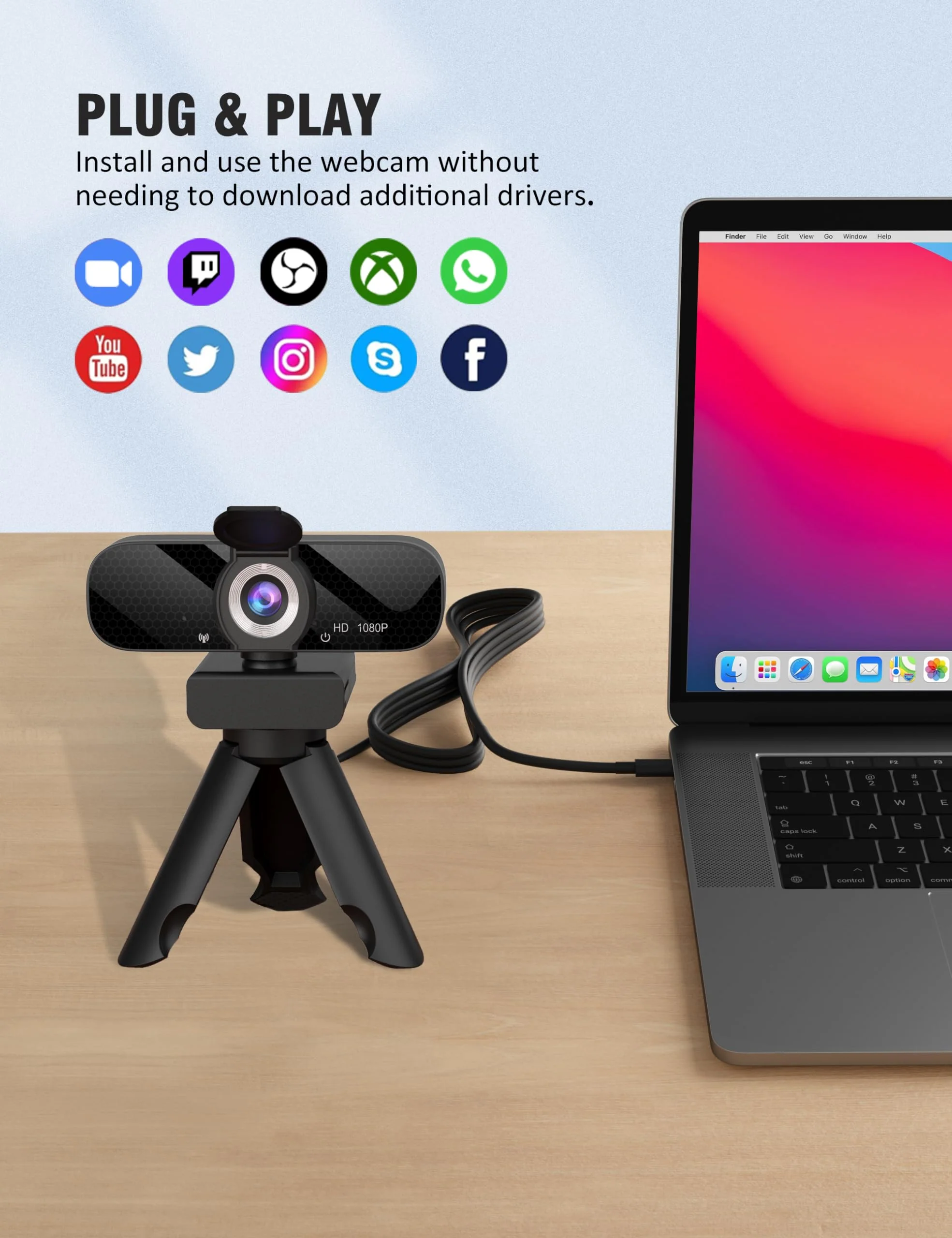Full HD Webcam with Built-in Microphone and Rotatable Tripod, 1080P Video and Wide Angle Camera, Privacy Cover, for Desktop PC or Laptop Computer 1080P Webcam with Type-C Cable - Image 6