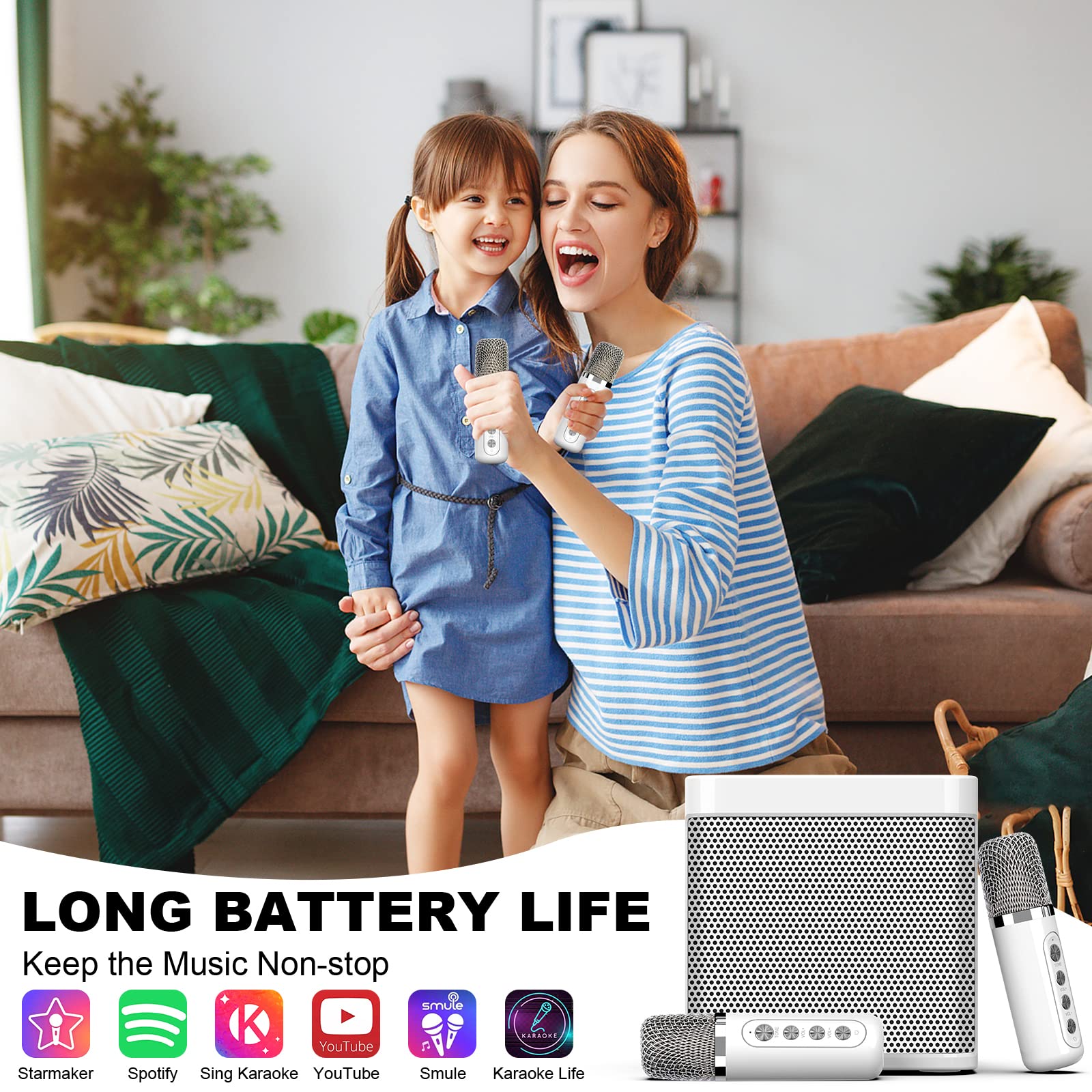 FULLIFE Karaoke Machine for Adults/Kids, 3000mAh Portable Bluetooth Karaoke Speaker with 2 Wireless Microphones, HD Karaoke PA System with Echo/Vocal Cut, Supports TF/USB/AUX-in, for Home Parties - Image 3