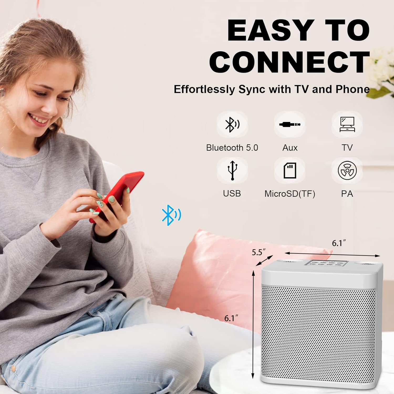 FULLIFE Karaoke Machine for Adults/Kids, 3000mAh Portable Bluetooth Karaoke Speaker with 2 Wireless Microphones, HD Karaoke PA System with Echo/Vocal Cut, Supports TF/USB/AUX-in, for Home Parties - Image 4