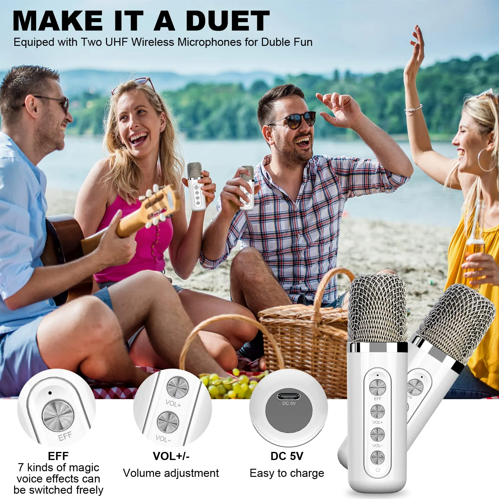 FULLIFE Karaoke Machine for Adults/Kids, 3000mAh Portable Bluetooth Karaoke Speaker with 2 Wireless Microphones, HD Karaoke PA System with Echo/Vocal Cut, Supports TF/USB/AUX-in, for Home Parties - Image 6