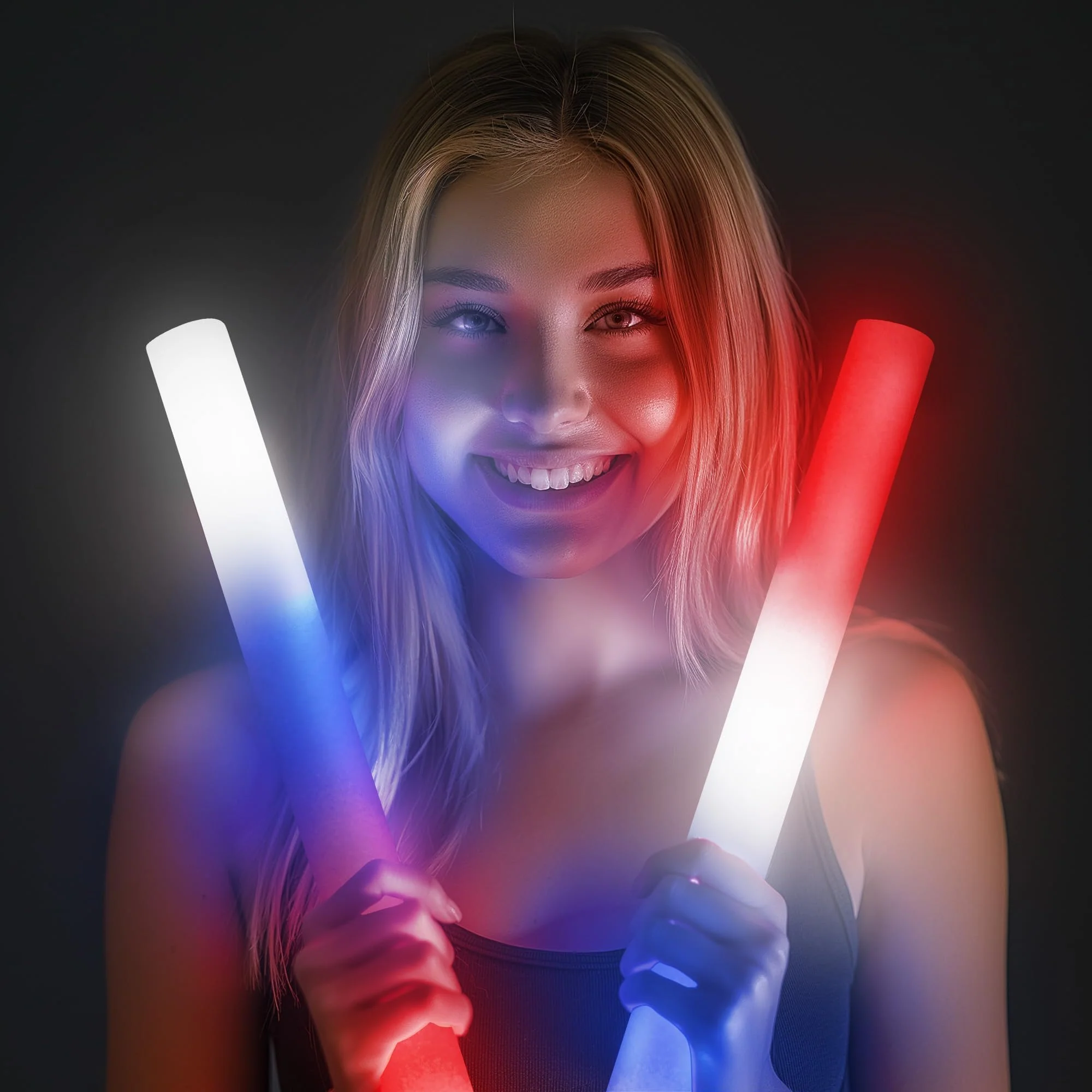 Fun Central LED Foam Sticks - 12 Pack, 16-Inch, 3 Light-Up Modes For Mardi Gras & St Patricks Day (Red/White/Blue) Red/White/Blue - Image 3