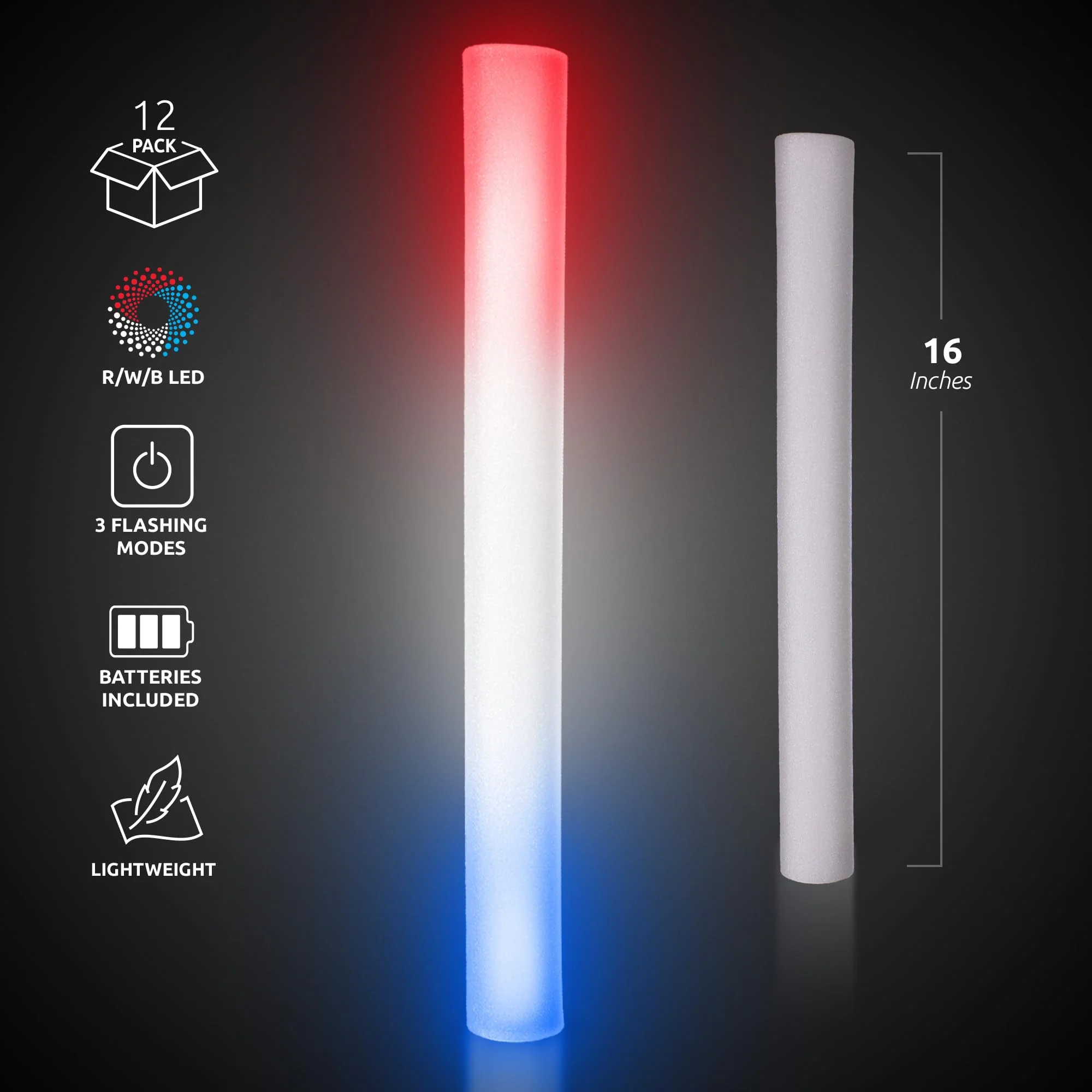 Fun Central LED Foam Sticks - 12 Pack, 16-Inch, 3 Light-Up Modes For Mardi Gras & St Patricks Day (Red/White/Blue) Red/White/Blue - Image 5